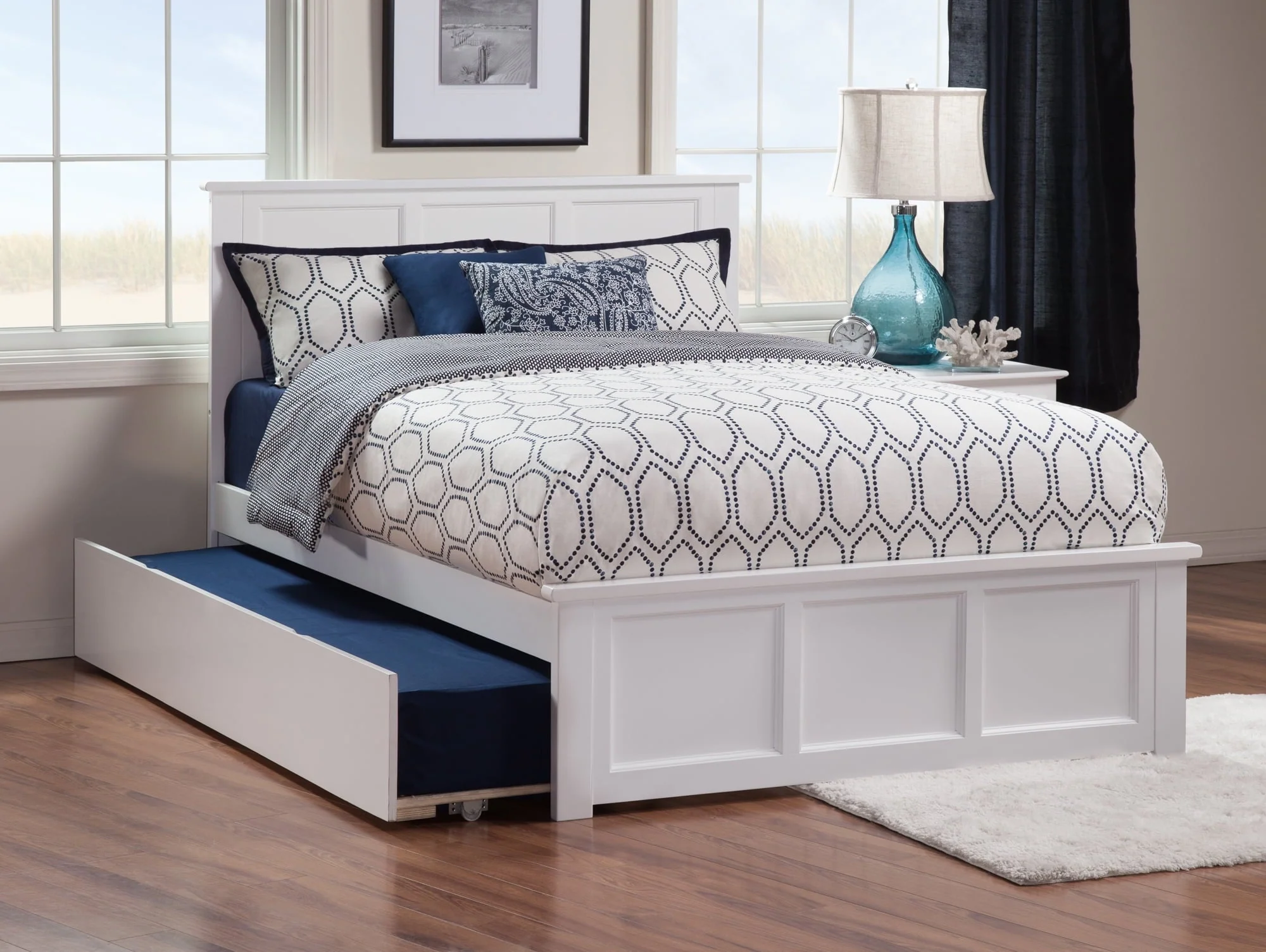 AFI Madison Queen Platform Bed with Wood Headboard Footboard & Twin XL Trundle, White