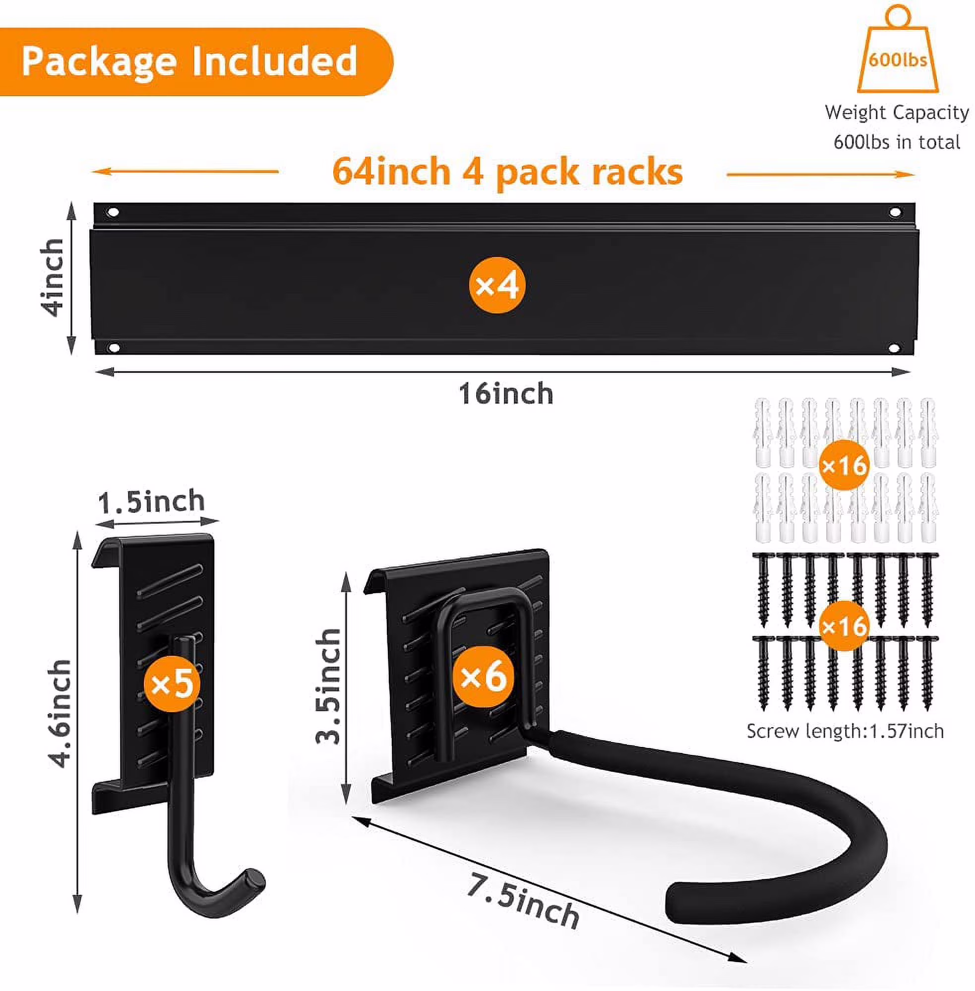 Bike Storage Rack, 6 Bike Racks & 5 Hooks for Garage, Wall Mount Vertical Bicycles Hanger for Home Space Saving, up to 600lbs, 64-inch