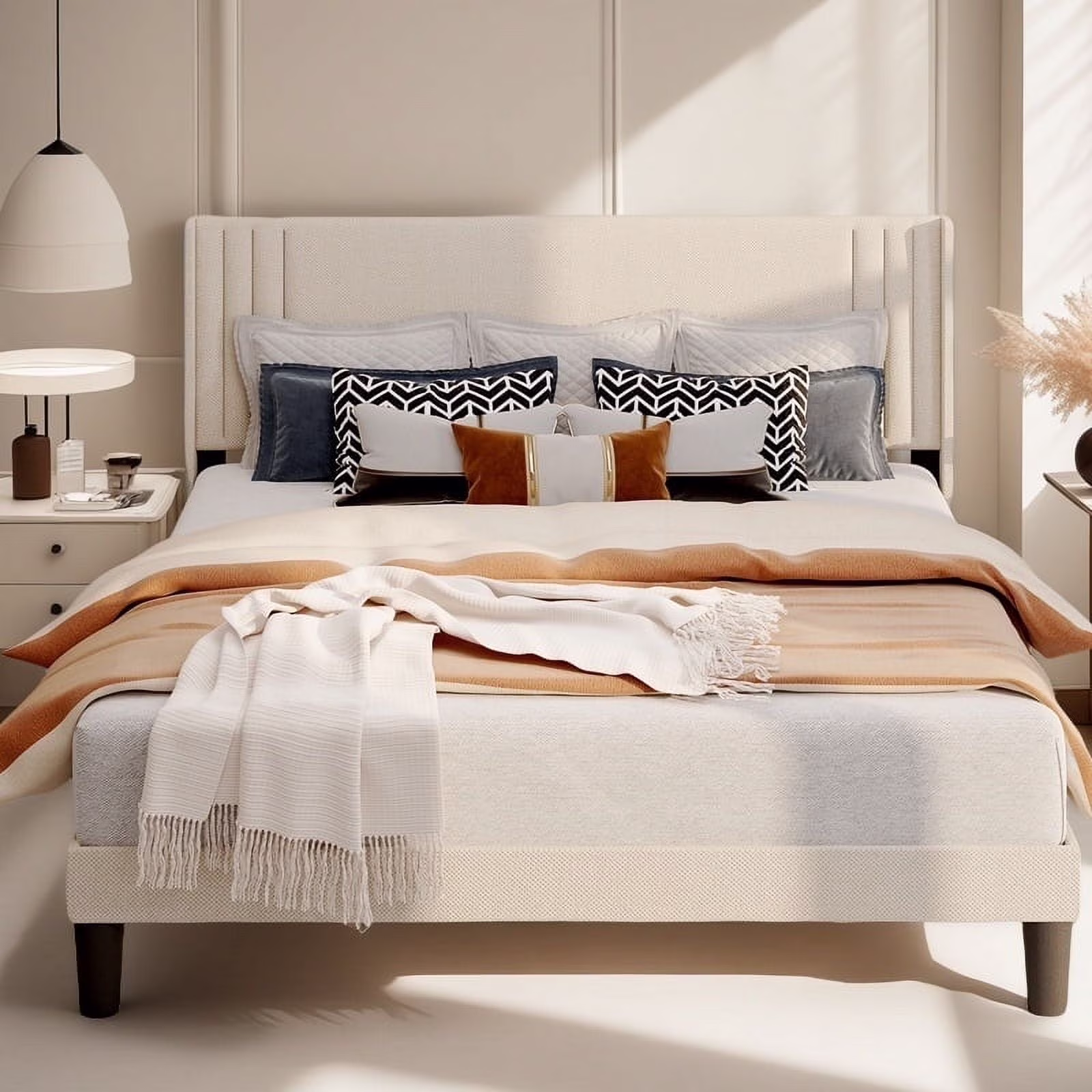 Queen Platform Bed Frame with Wingback Headboard, Beige