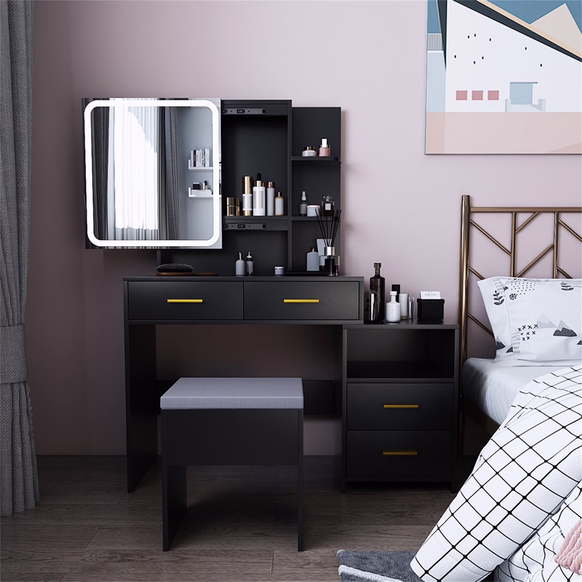 EDOEMSE Makeup Vanity with 4 Drawers and Mirror, Dressing Table Set Led Three-Tone Light, Black