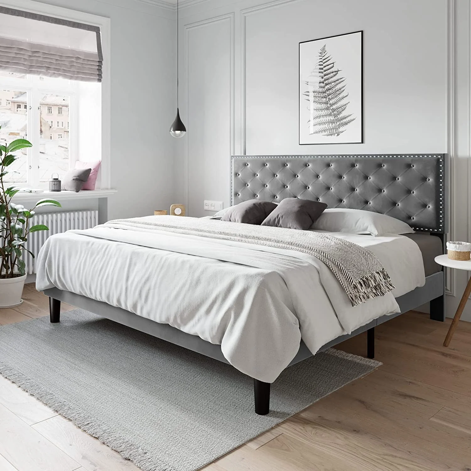 Allewie King Size Bed Frame, Velvet Upholstered Platform Bed with Adjustable Diamond Button Tufted & Nailhead Trim Headboard, Light Grey