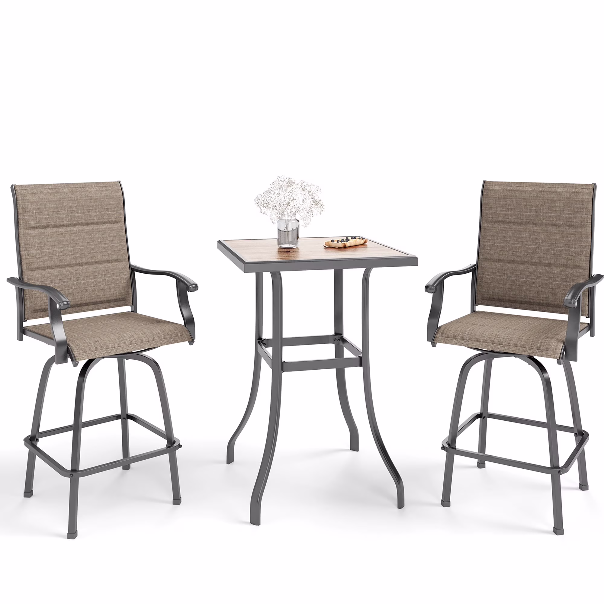 Summit Living 3-Piece Outdoor Patio Bar Stool Bistro Set, 1 Metal Bar Table and 2 Padded Bar Stool, Black & Brown