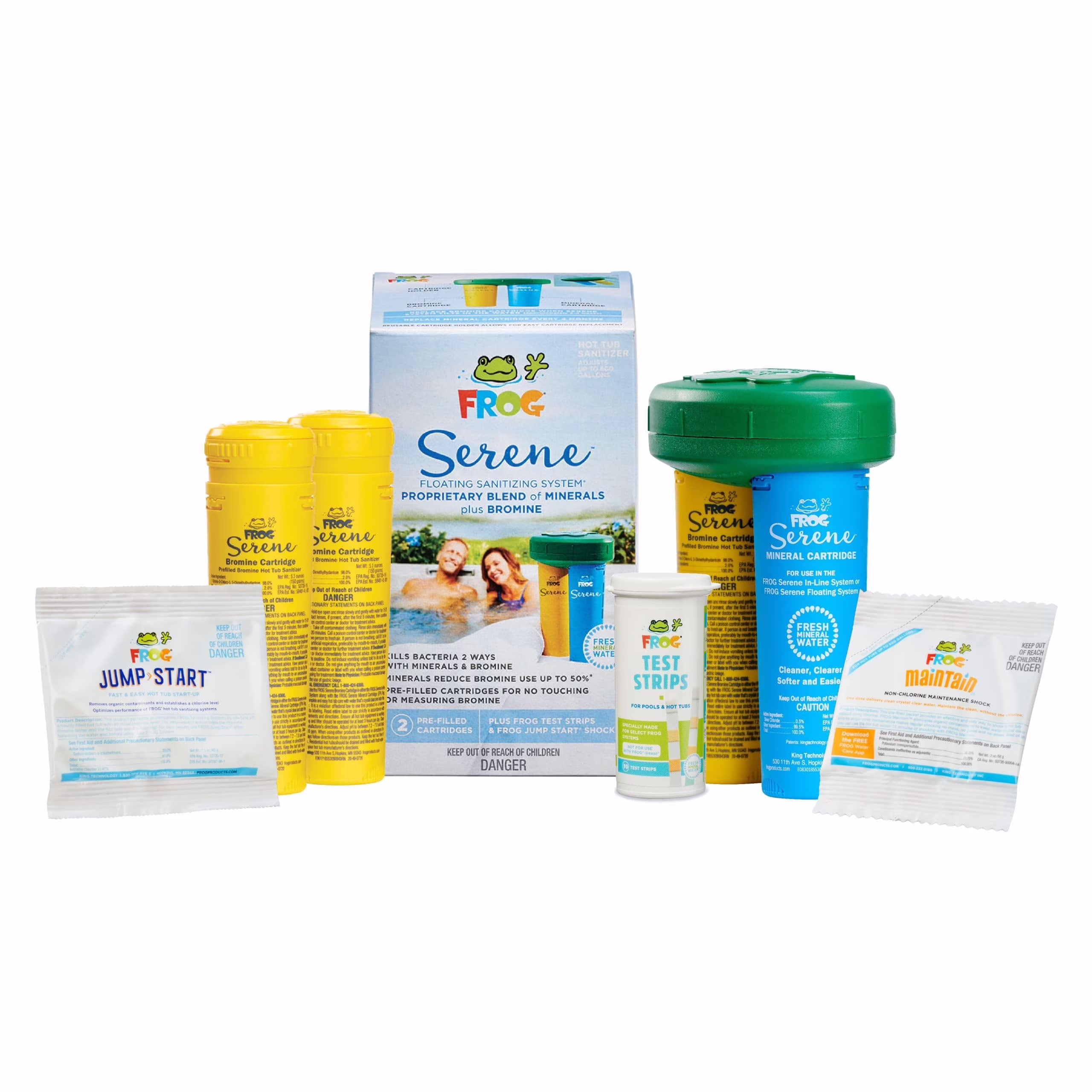 FROG Serene Floating Sanitizing System + 2 Bromine Cartridges + 1 FROG Maintain Non-Chlorine Shock Treatment for Hot Tubs, Quick and Easy Self-Regulating Hot Tub Sanitizer