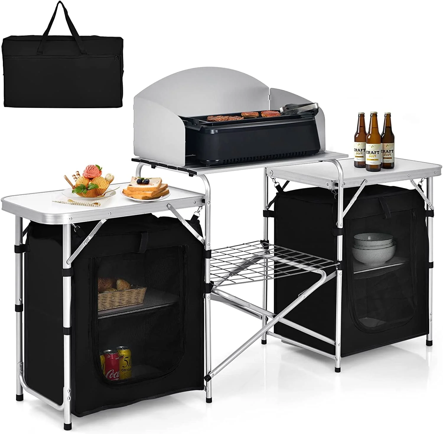 Camping Kitchen Table with Storage, Aluminum Portable Outdoor Cooking Table with Windscreen, Foldable Camp Table Cook Station for BBQ, Grill, Party, Picnics
