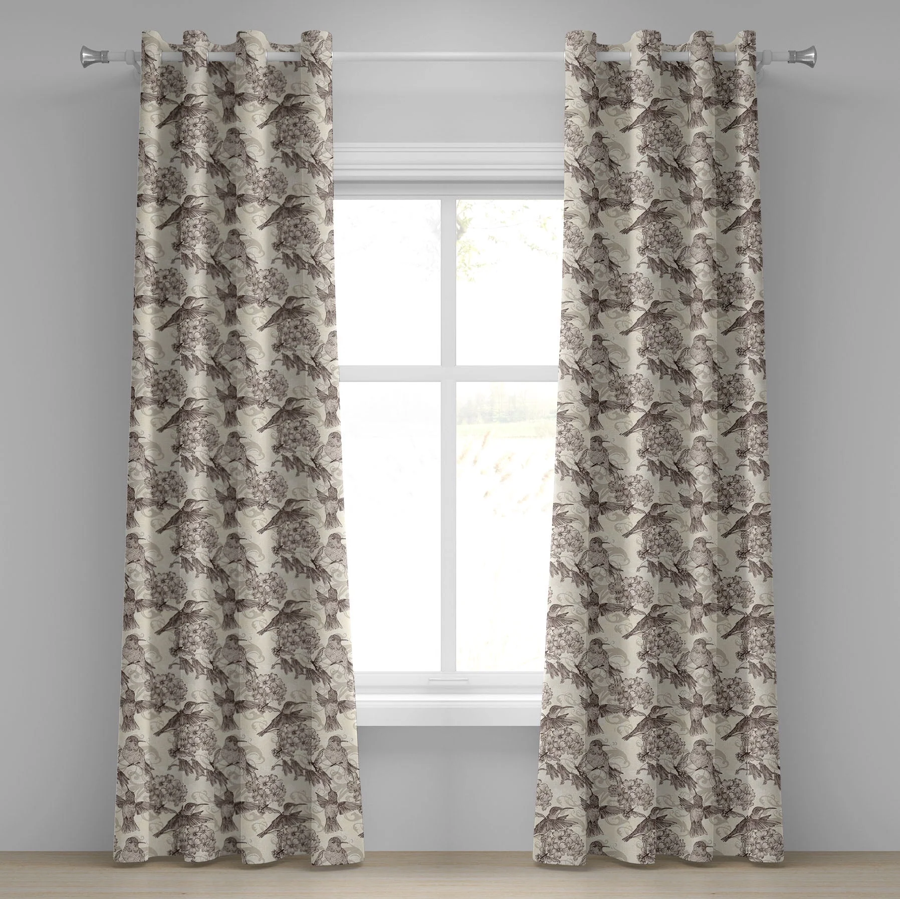 Hummingbirds Grommet Curtain, Birds and Flowers Monochromic Classical Design Nostalgia Ornate, Decorative 2-Panel Window Drapes for Bedroom Living Room, 50" x 120", Cream Beige Brown, by Ambesonne