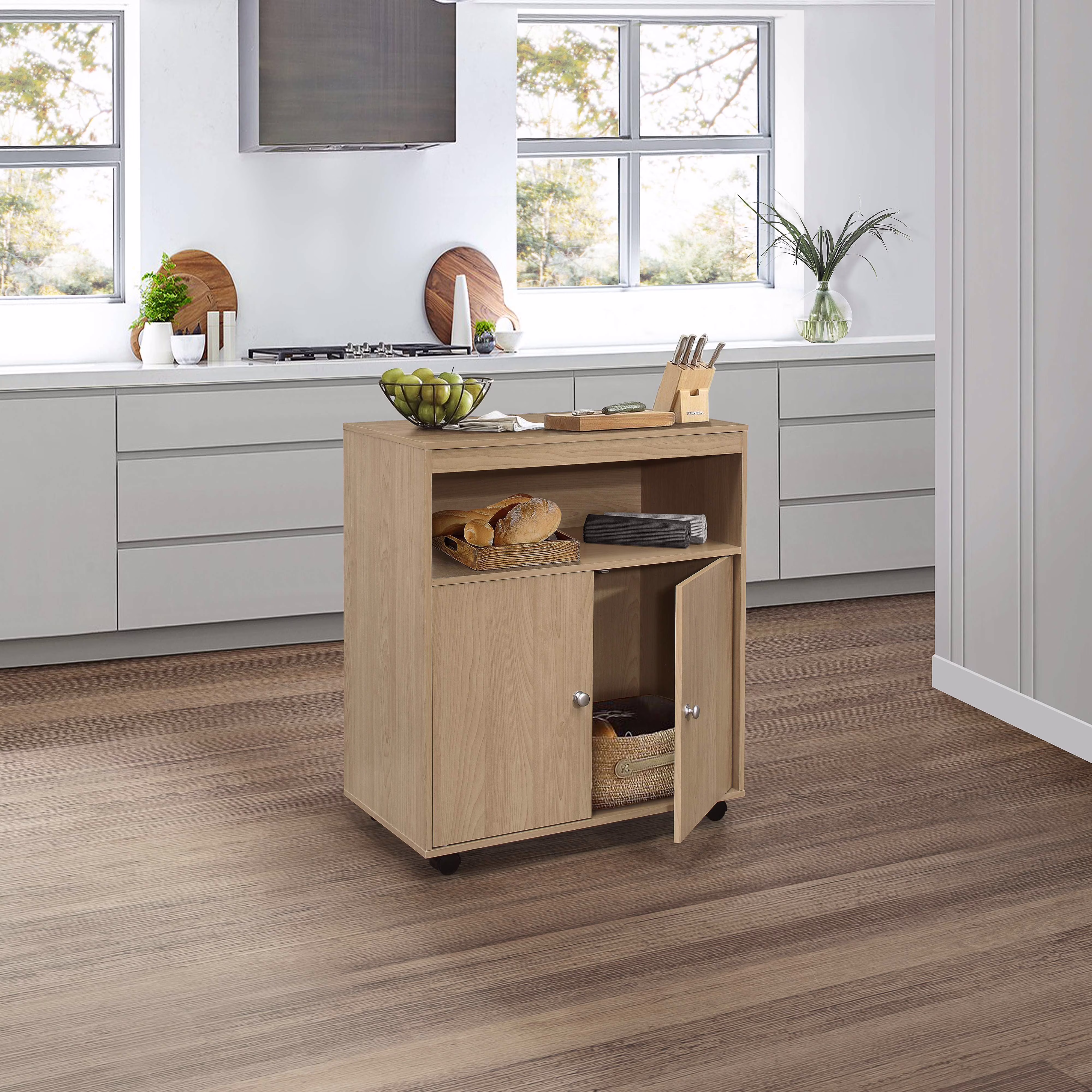 Kings Brand Furniture Beech Wood Kitchen Serving & Storage Cart �C 2-Door Cabinet with Open Shelf for Dining & Cooking Spaces