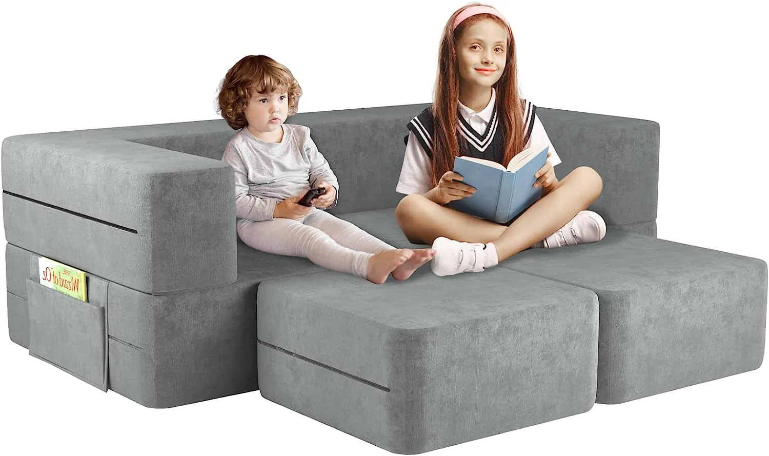 Wanan Kids Couch with Two Ottoman, Toddler Couch Sofa for Kids, Modular Kids Sofa Couch with Washable Covers, Play Couch Foldable Loveseat, Kids Fold Out Couch Lounger (Gray)
