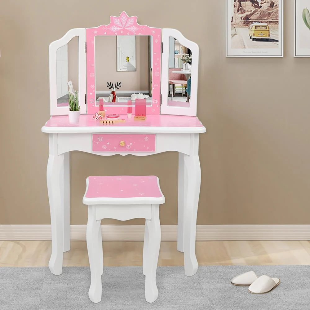 BaytoCare Kids Vanity Table Wooden Dressing Table with Stool and Drawer