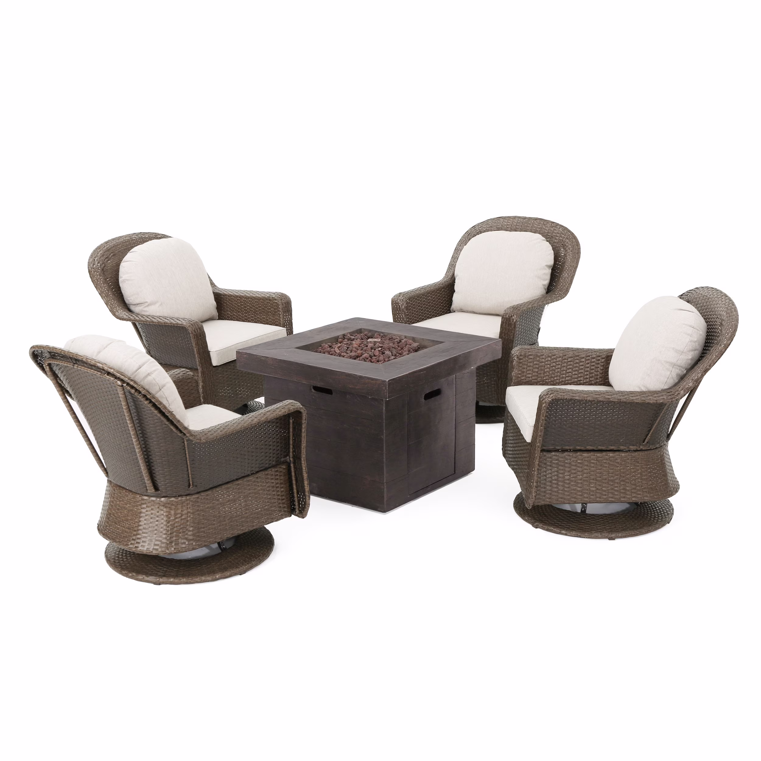 Chloe Outdoor 5 Piece Wicker Swivel Club Chairs and Cushions with Gas Burning Stone Finished Fire Pit,Grey,Brown,Beige