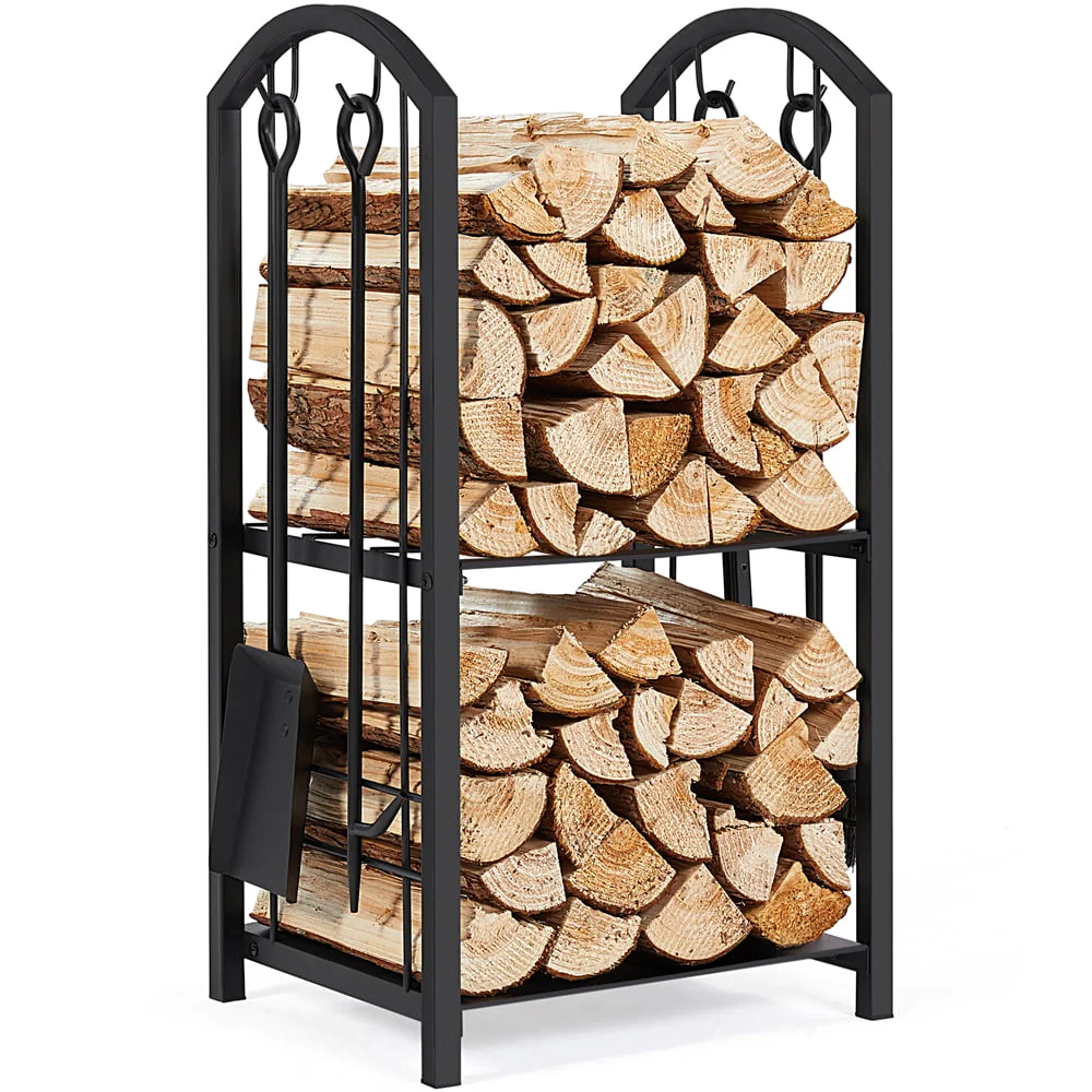 Easyfashion 2 Layer Metal Firewood Log Rack Hooks Set, Black