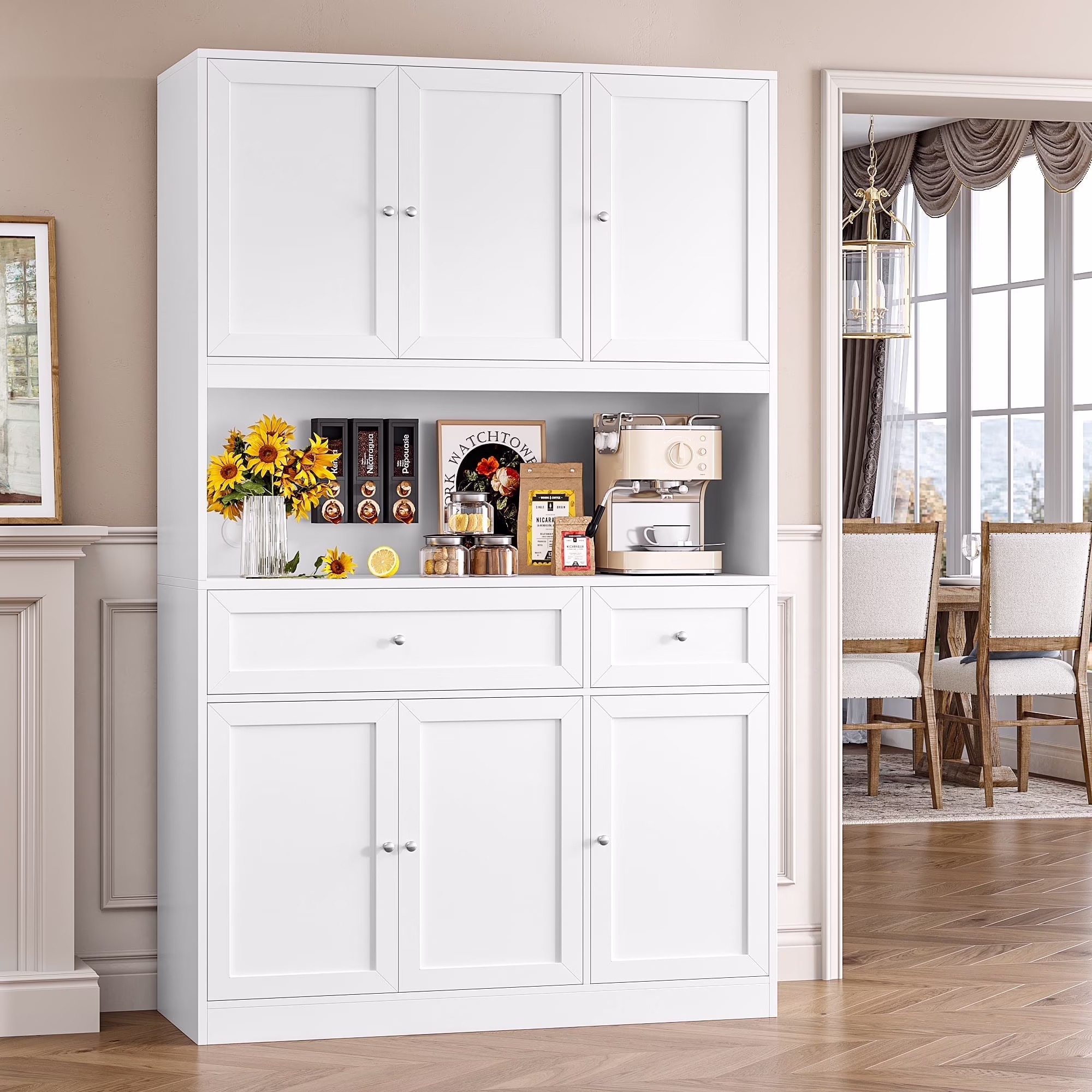 Homfa 72" Tall Kitchen Pantry with Microwave Shelf, Freestanding Kitchen Cupboard, Floor Cabinet for Dining Room, White