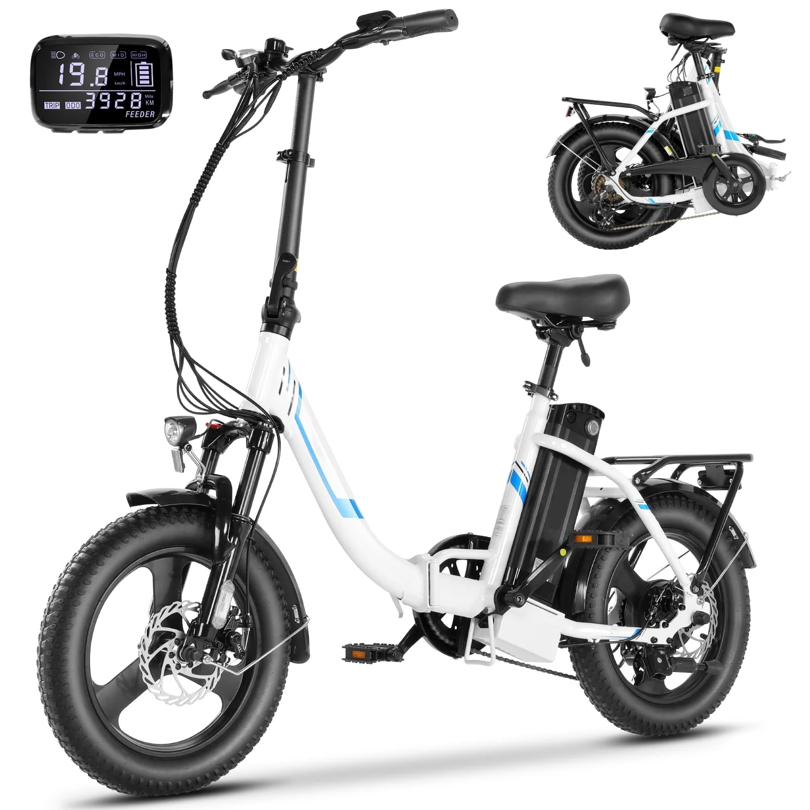 Elifine 16"x3.0 Fat Tire Electric Bike for Adults, Foldable Ebike wtih 48V 7.8Ah Removable Battery, 350W Electric Commuter Bicycle, Lockable Suspension Fork, 7 Speed City E-Bikes for Men Women