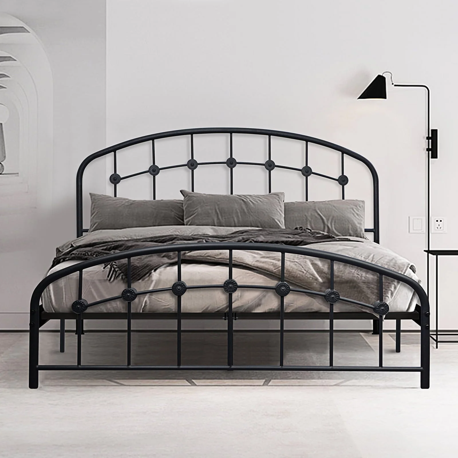 Voilamart Metal Queen Bed Frame Queen Size Bed Frame No Box Spring Needed with Vintage Headboard and Footboard Premium Steel 17 Slats Support Heavy Duty Platform Mattress Base, Matte Black