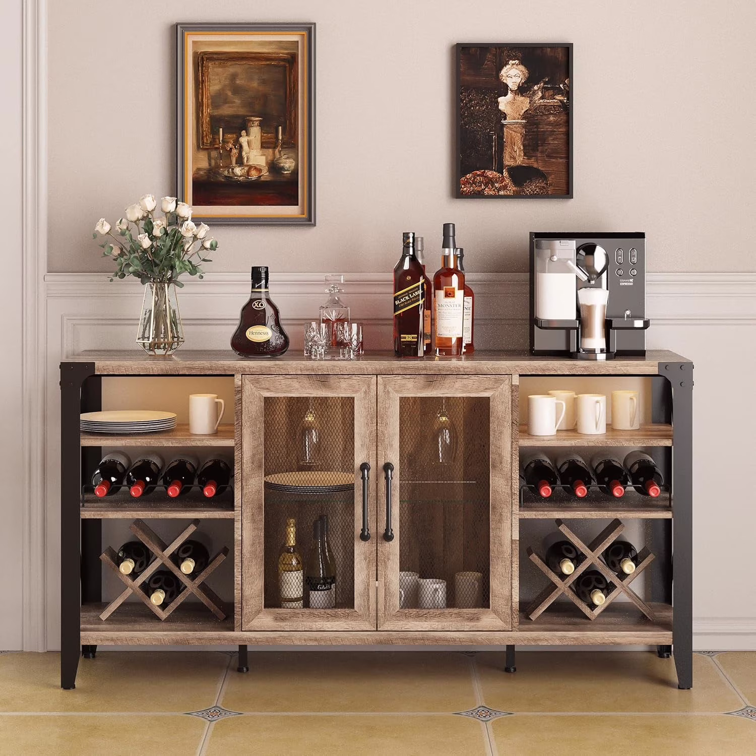 Vabches Wine Bar Cabinet with LED Lights, Farmhouse Wooden Coffee Bar, Rustic Oak