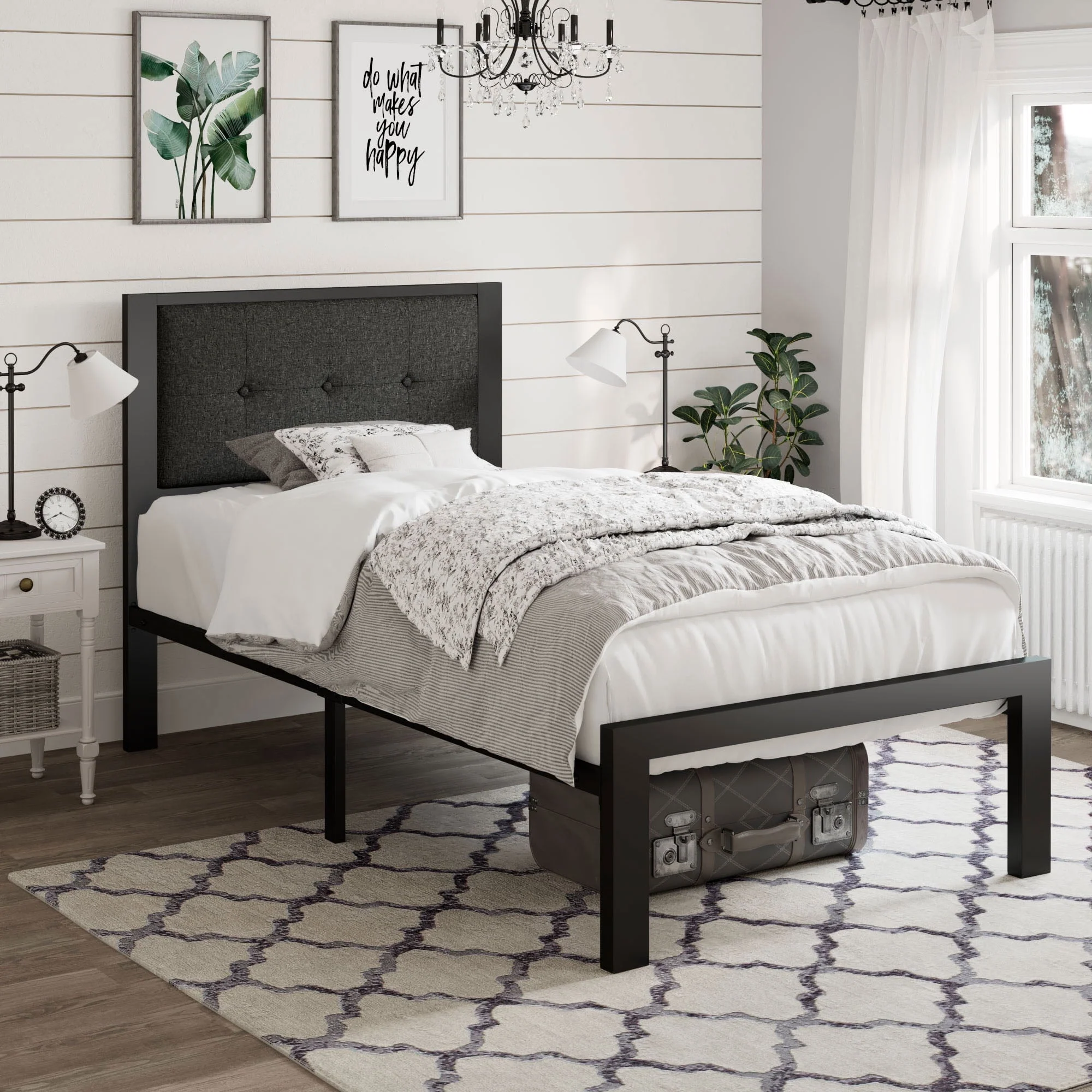 Amolife Twin Size Metal Platform Bed with Upholstered Button Tufted Headboard and 16 Strong Steel Slats, Dark Grey