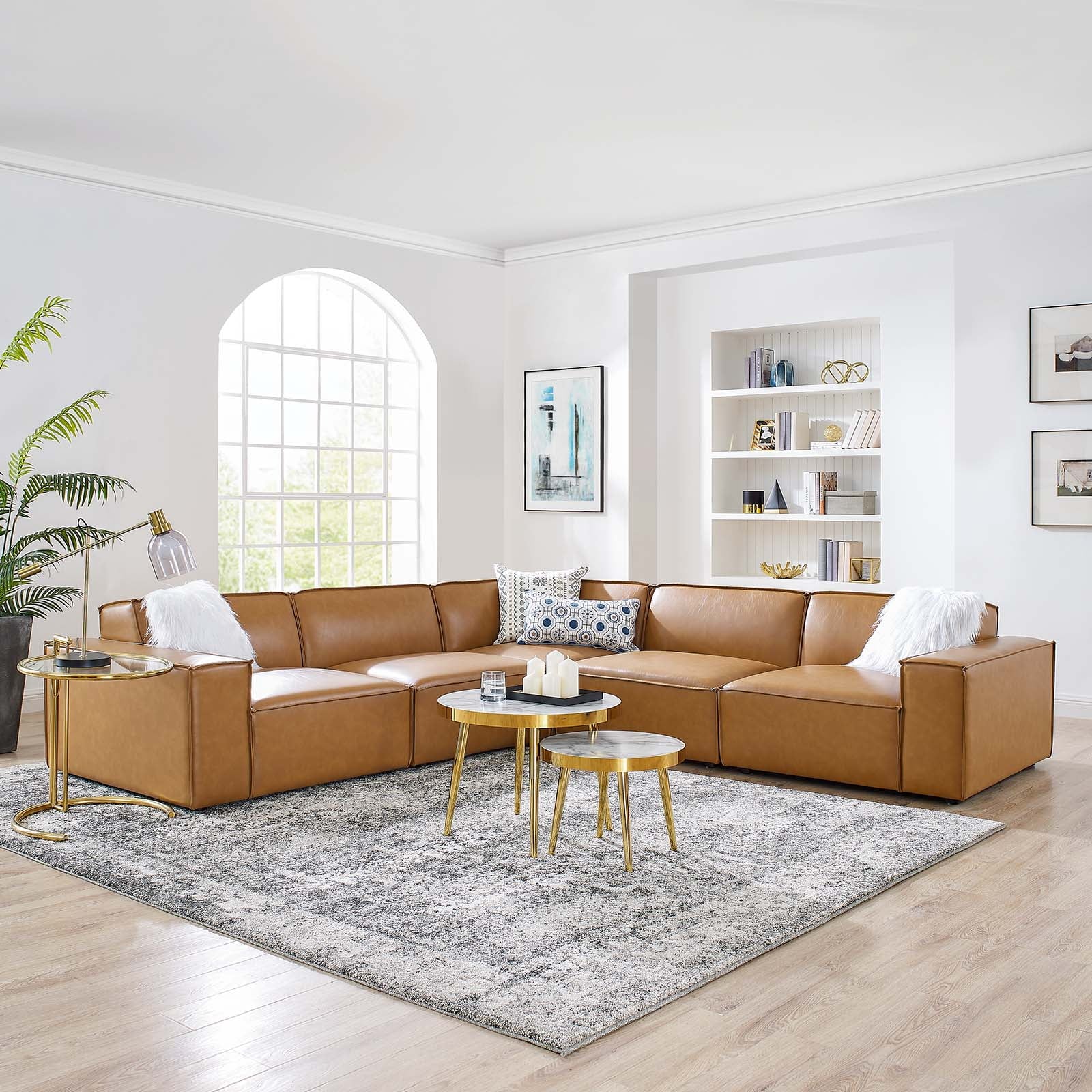 Modway Restore 5-Piece Vegan Leather Sectional Sofa in Tan