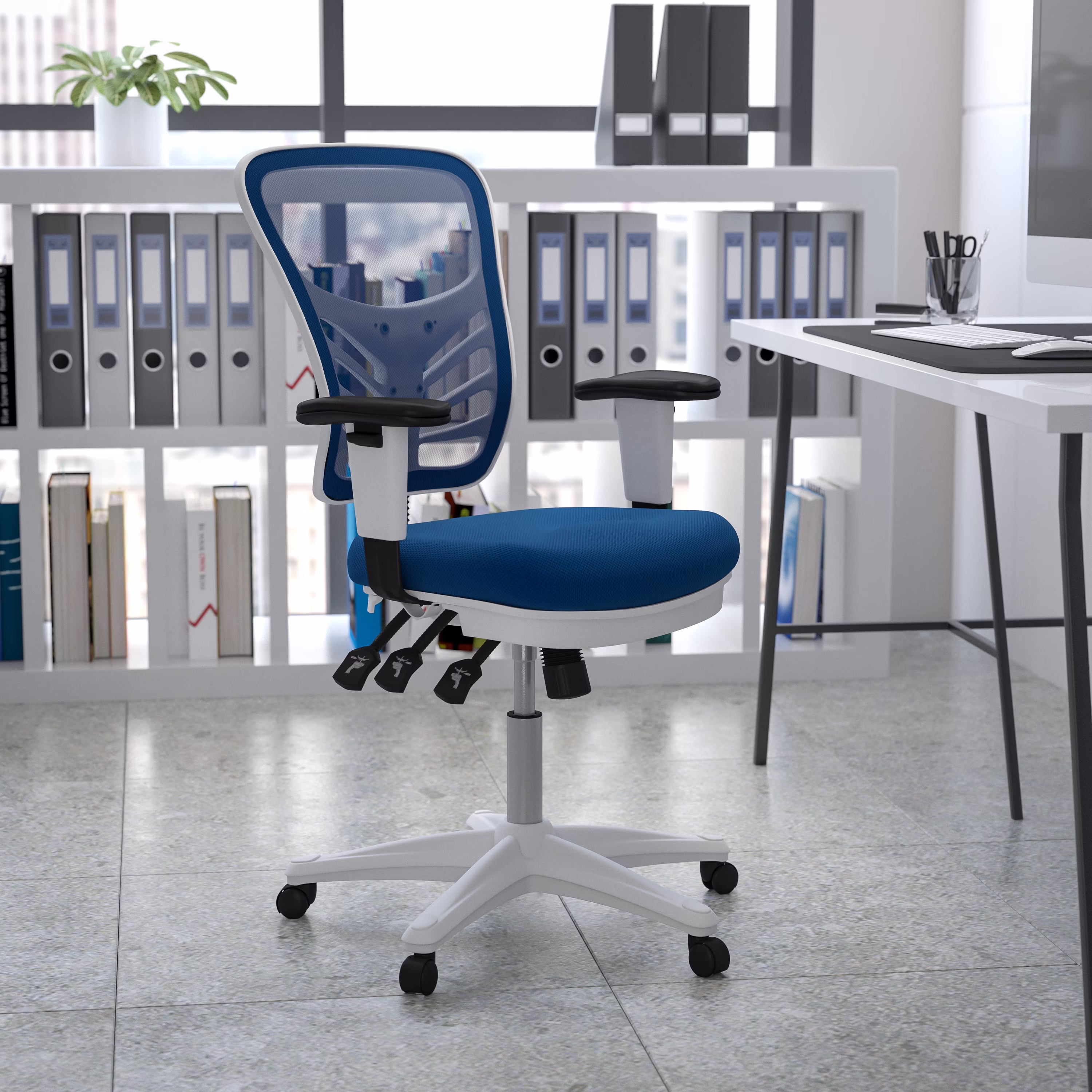 Emma  Oliver Mid-Back Blue Mesh/White FrameMultifunction Ergonomic Office Chair with Arms