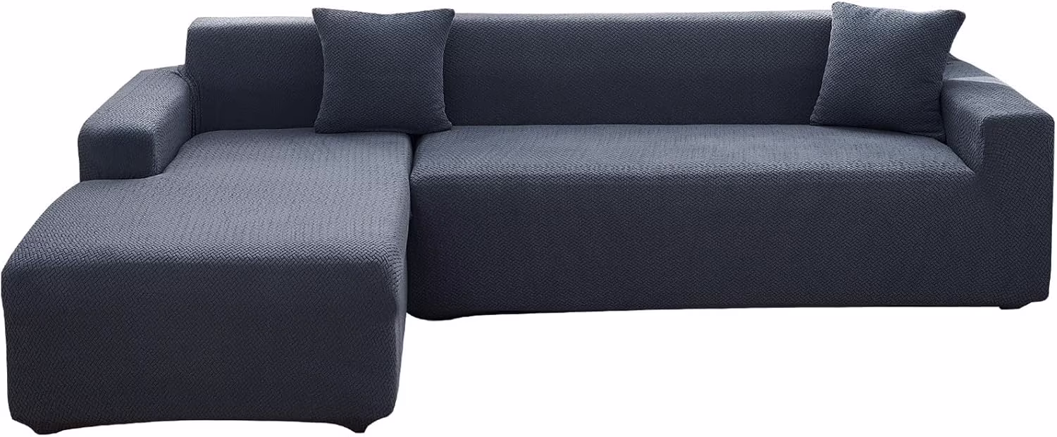OKYUK L-Shape Sectional Couch Slipcover, 2 Pcs 3 Seats Jacquard High Stretch Sofa Covers  2 Free Pillow Covers, Elastic L-Type Furniture Protector for Living Room Kids Pets(Jacquard, Deep Grey)