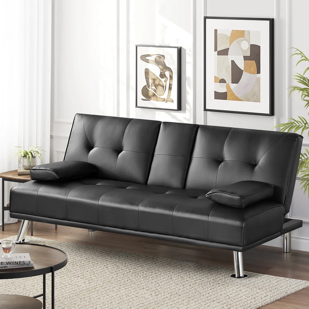 Easyfashion Modern Faux Leather Futon with Cupholders and Pillows, Black