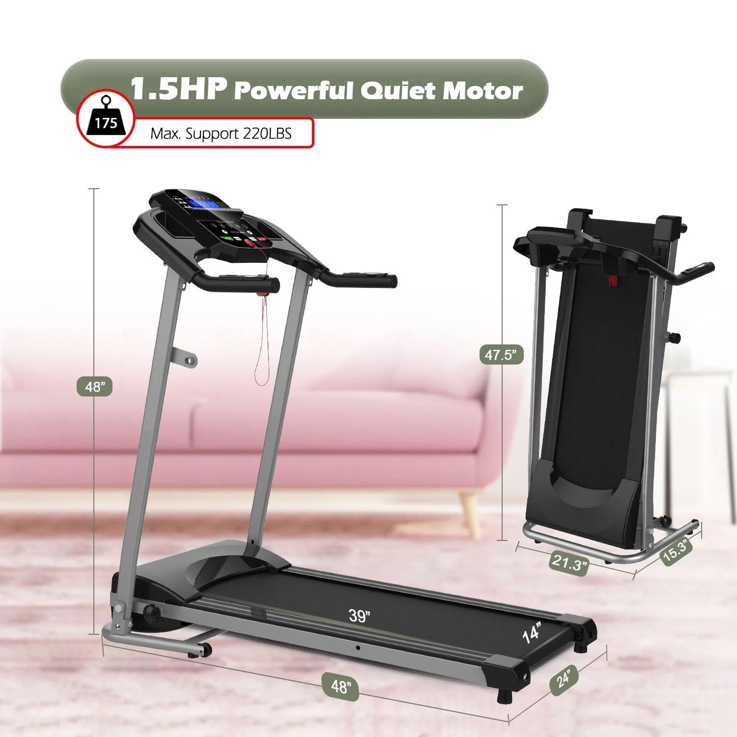 WALLQMER 1.5 HP Folding Electronic Exercise Treadmill with 0-12 mph Speed, 220lbs Max Weight, for Home