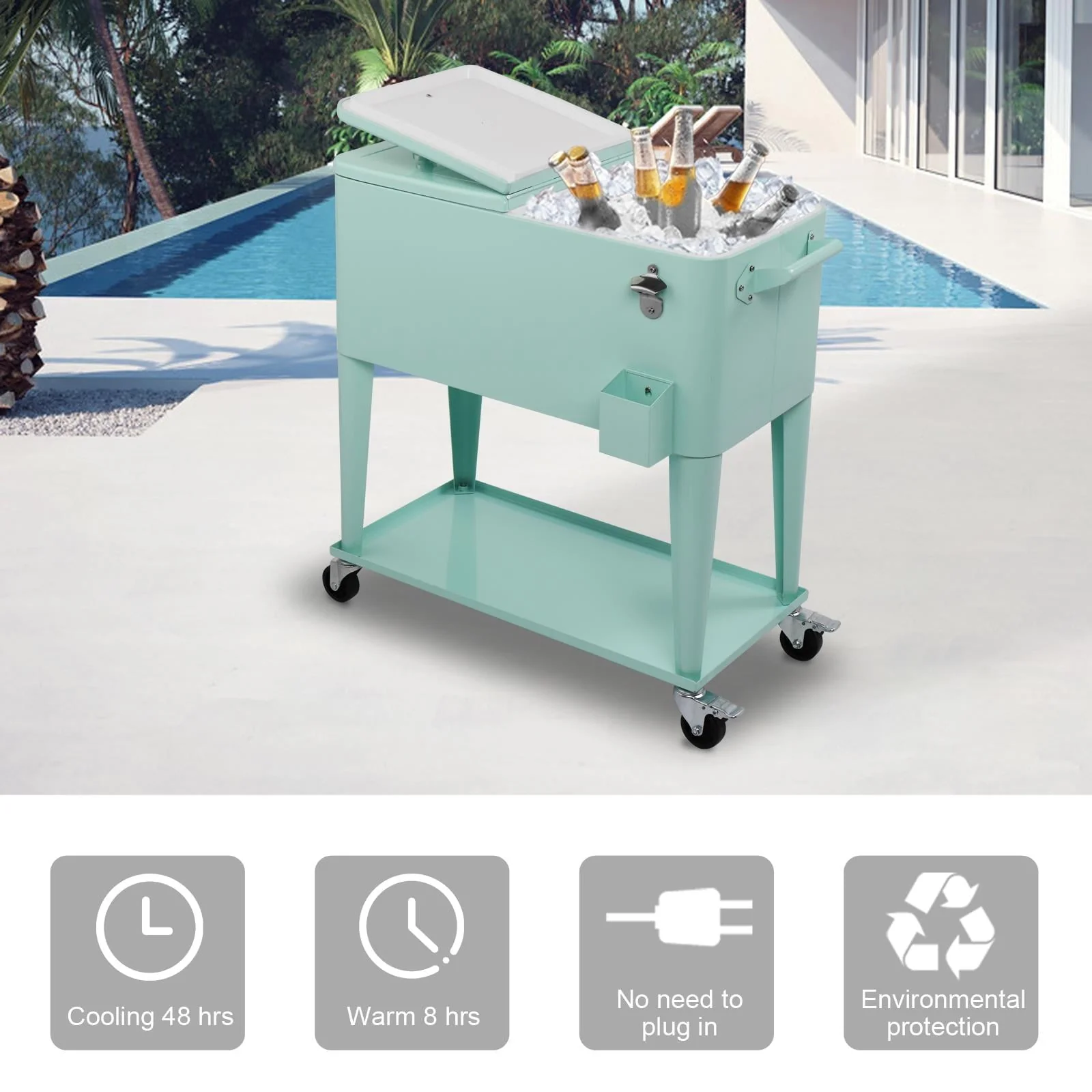 UBesGoo 80 Quart Patio Cooler Rolling Cooler Ice Chest with Shelf, Wheels and Bottle Opener Green