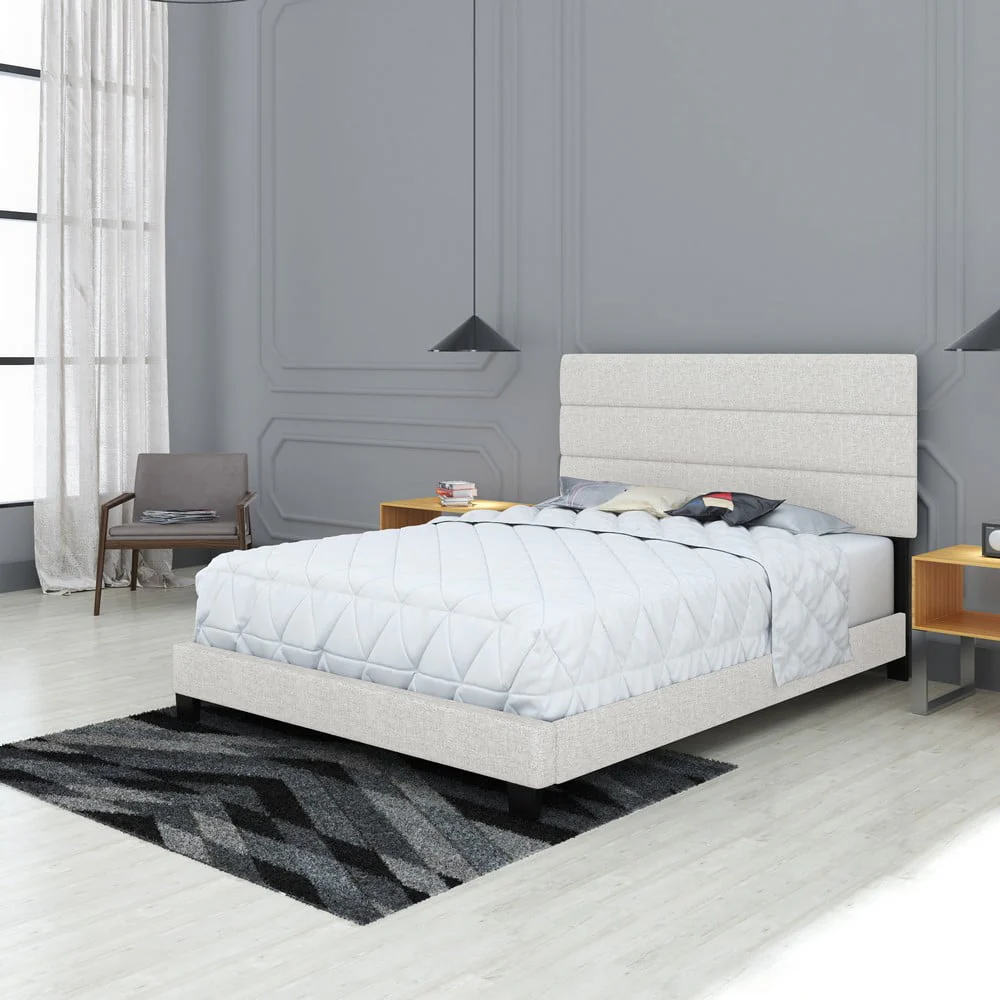 Boyd Sleep Sicily Upholstered Linen Tri Panel Platform Bed Frame with Headboard, Queen, White