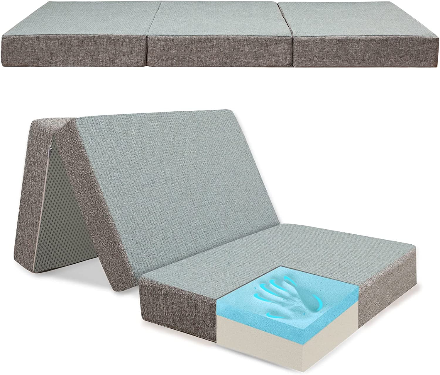 MAXYOYO Foldable Mattress, 6 Inch Foam Trifold Mattress Camping Mattress, Portable Floor Mattress Folding Bed with Washable Cover Cot Folding Mattress for Travel, Van, Guest, Grey, 32x75 Inch