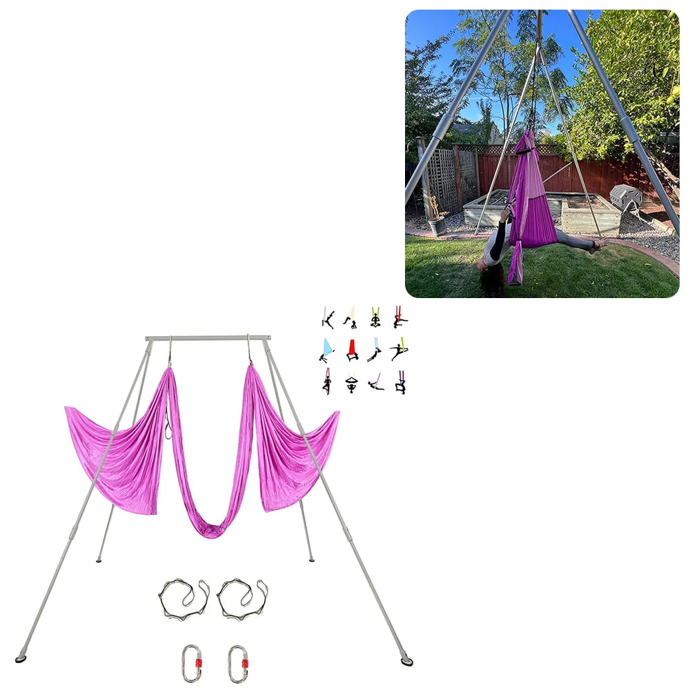 Kojem 97"/2.46m Aerial Trapeze Stand Portable Rig Yoga Swing Bar 250kg/551lbs Aluminum Rack ＆ Nylon Silk Indoor Outdoor Use with 20Ft/6m Aerial Purple Silk