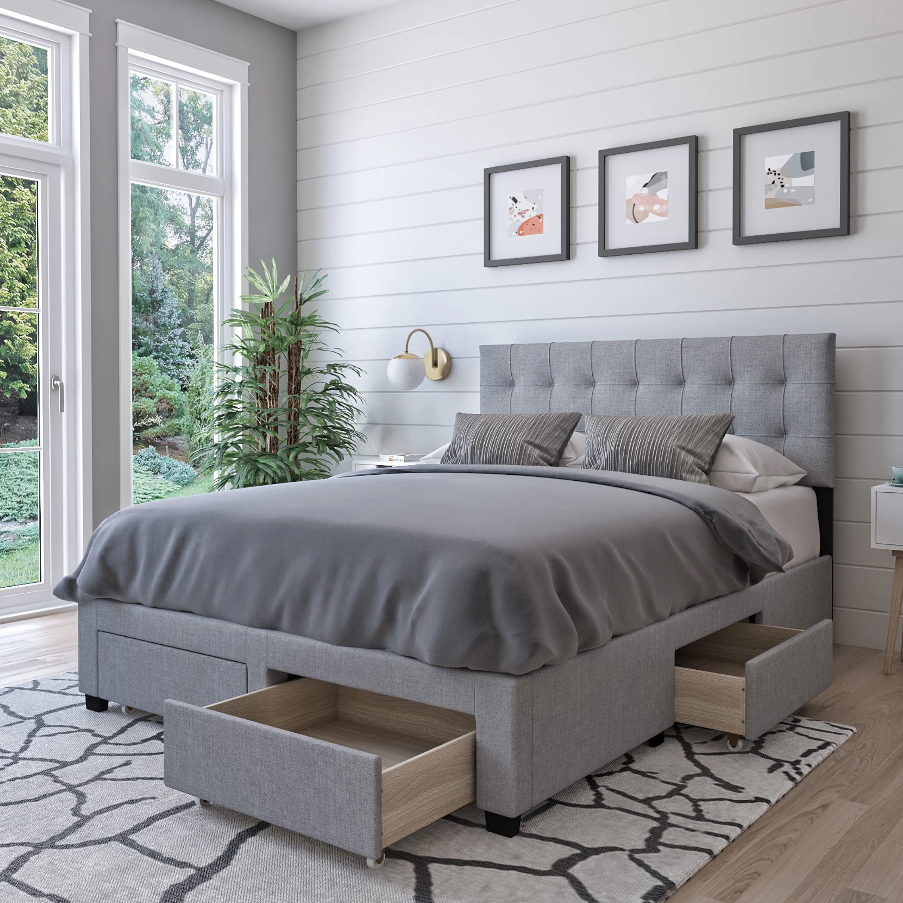 DG Casa Benjamin Upholstered Platform Bed Frame with Storage Drawers Square Tufted Headboard and Full Wooden Slats, Box Spring Not Required - Queen Size in Grey Polyester Blend Fabric