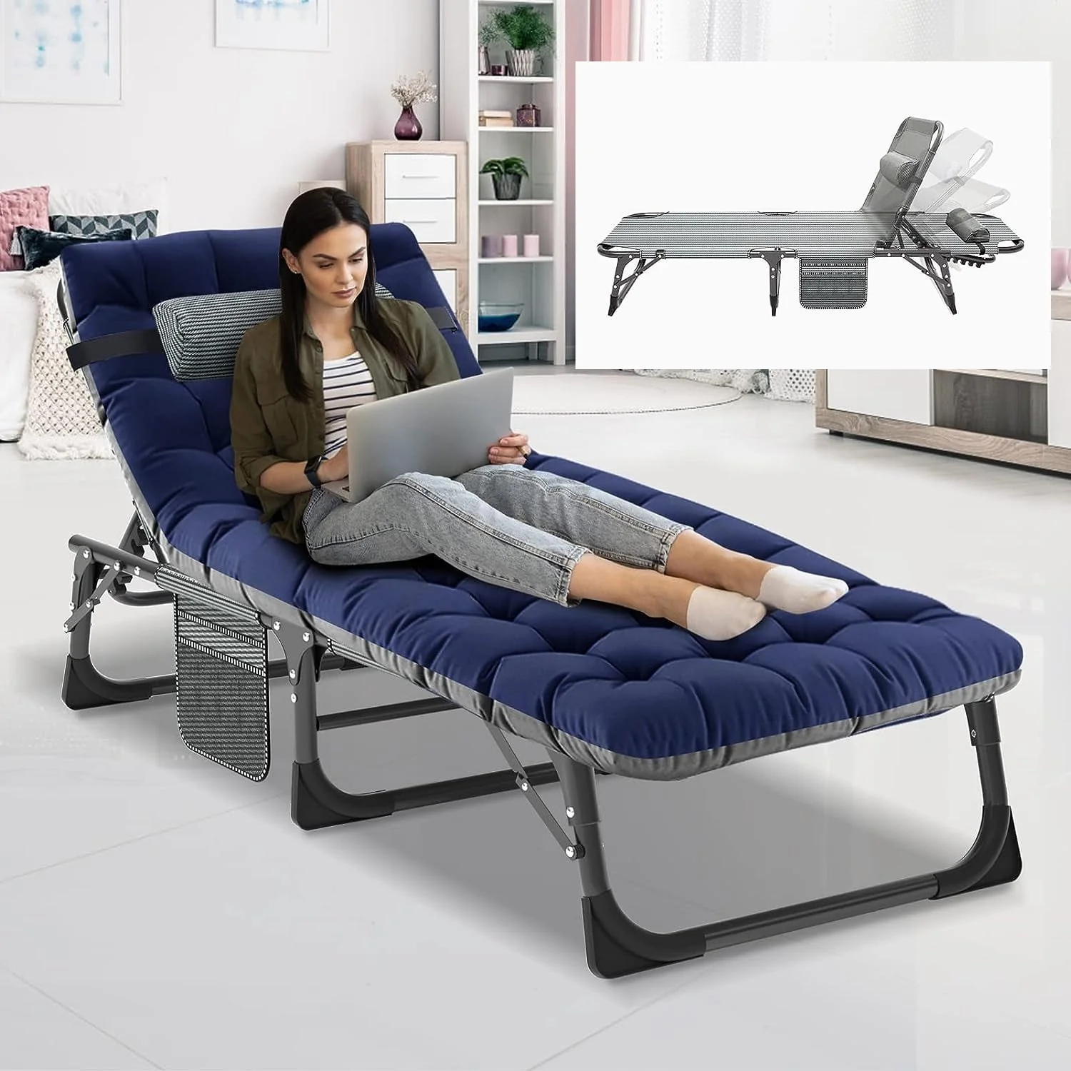 Slsy 4-Fold Folding Camping Cot with 2 Sided Cushion & Headrest, Adjustable 5-Position Folding Lounge Chair, Portable Folding Sleeping Cots Bed