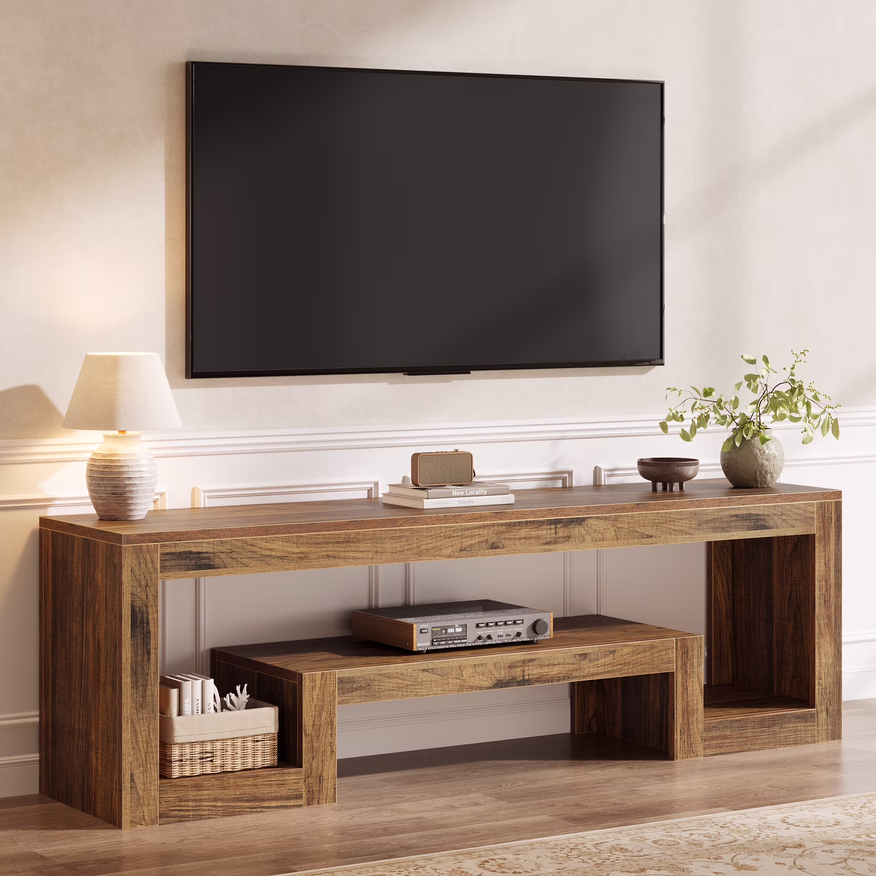 Tribesigns 63-Inch TV Stand for 55/60/65-Inch TVs, Farmhouse Entertainment Center with Open Storage Shelves, Rustic Brown Television Console for Living Room, Bedroom