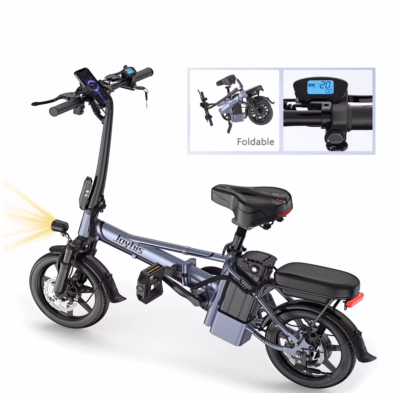 JOYHIS 14 Inch Foldable Electric Bike for Adults,500W Rear Wheel Drive Motor with 48V 10.4Ah Removable Lithium Battery--Recharge your phone in Phone Holder