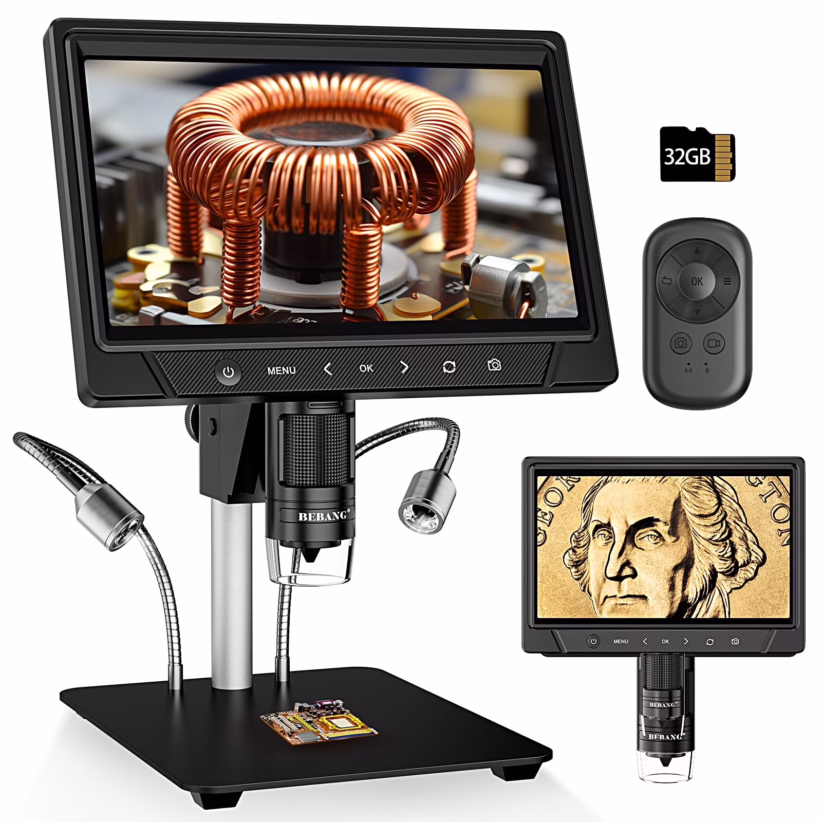 BEBANG 10.1" LCD Digital Microscope for Adults, 1200X Soldering Microscope for Electronics Repair, Coin Magnifier Camera Full View for Error Coins, 32G