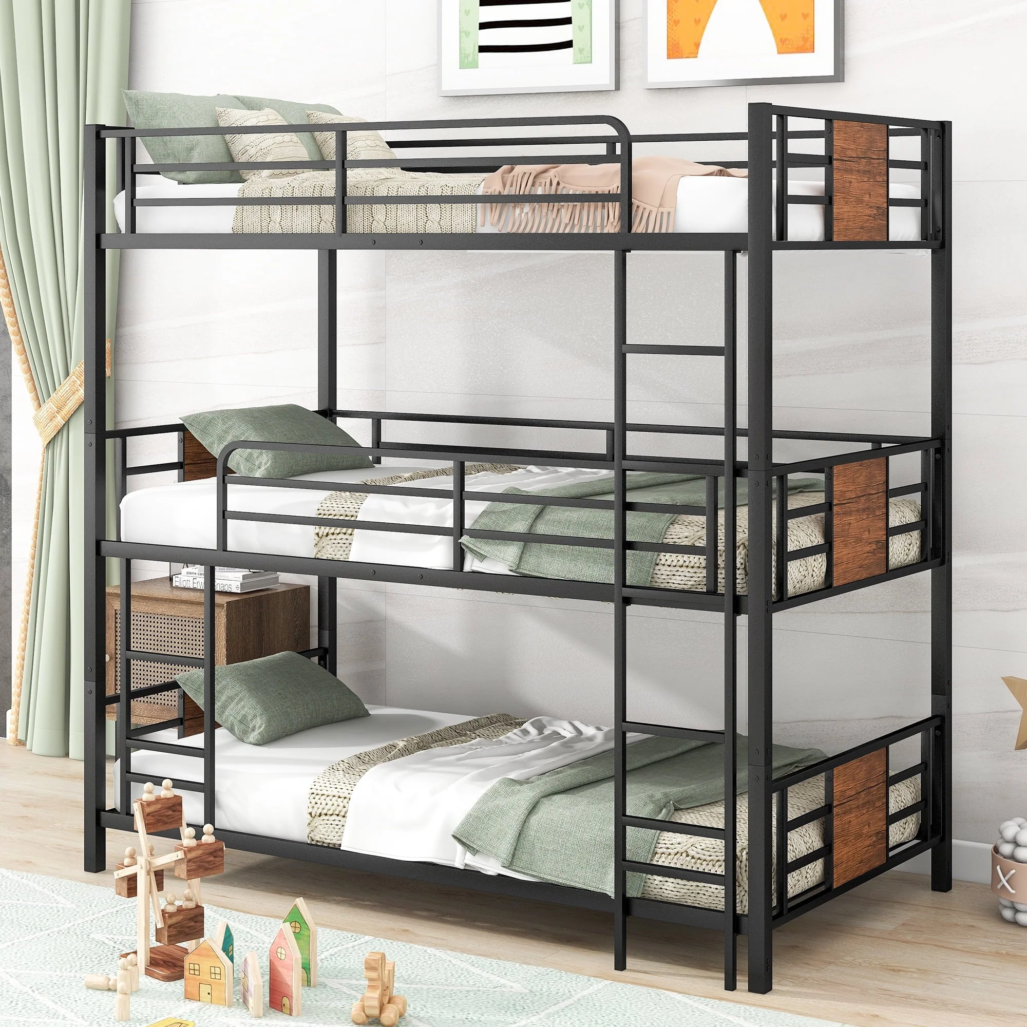 Euroco Metal Twin over Twin over Twin Bedroom Bunk Bed, Triple 3-in-1 Bed, Brown