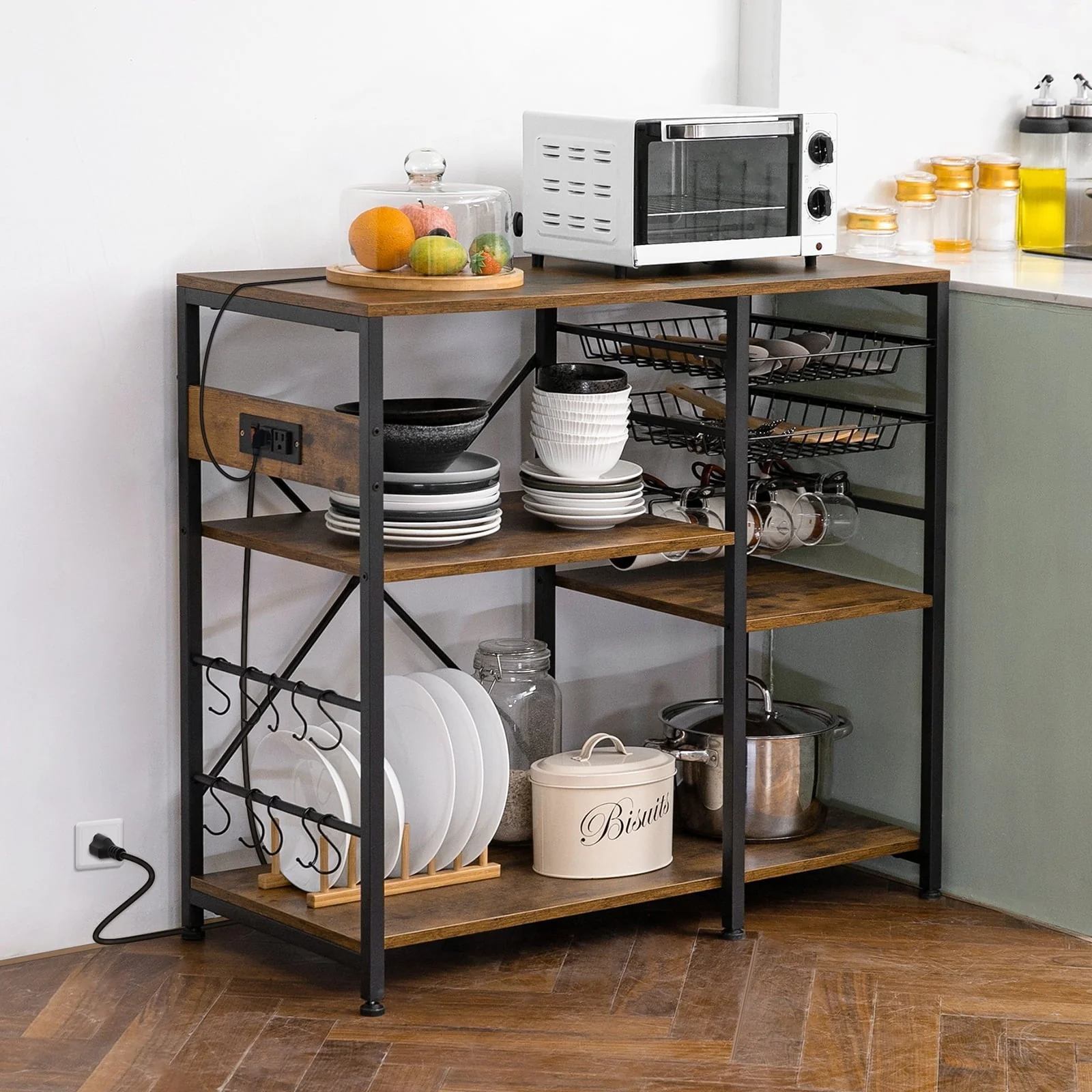 Dinaza Baker's Rack with Power Outlet 4 Tier Microwave Stand with Kitchen Storage Shelf Rack Mug Holder 10 S-Shaped Hooks for Kitchen Living Room Coffee Bar Station