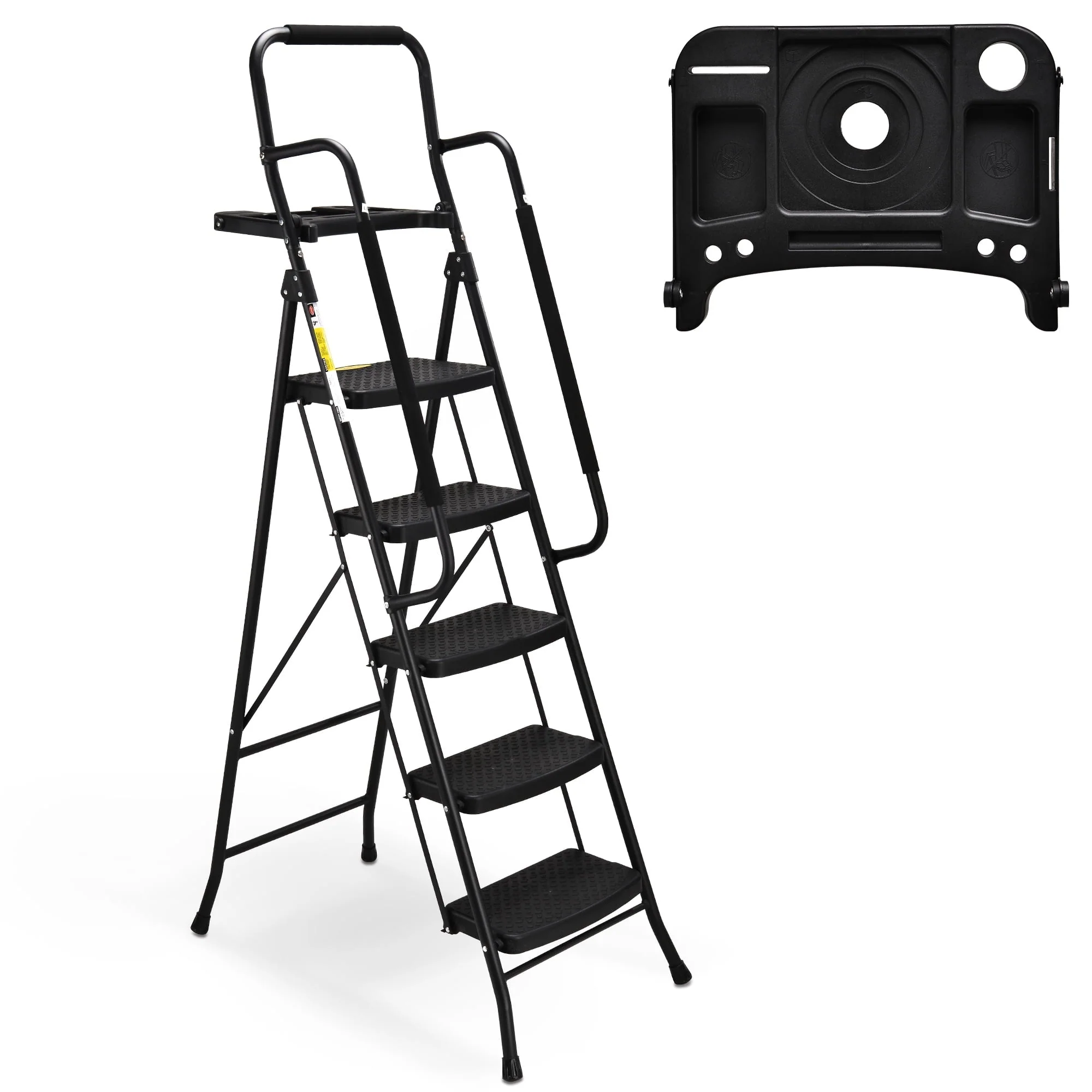 HBTower 5-Step Folding Step Stool Ladder with Handrails and Tool Platform, Load-bearing 330lbs, Wide Anti-Slip Pedal and Steel Ladder Handgrip, Black