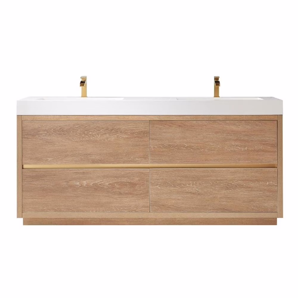 Huesca 72" Double Sink Bathroom Vanity Natural Oak Wood White Top No Mirror