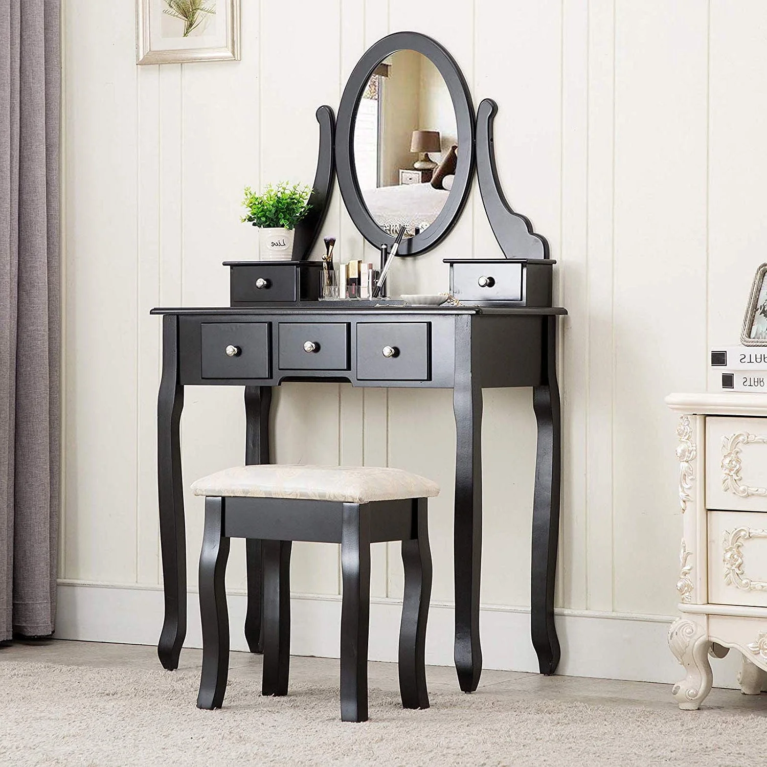 Ktaxon Black Vanity Set with Stool,Makeup Table with 5 Drawers & Mirror, Room Dresser