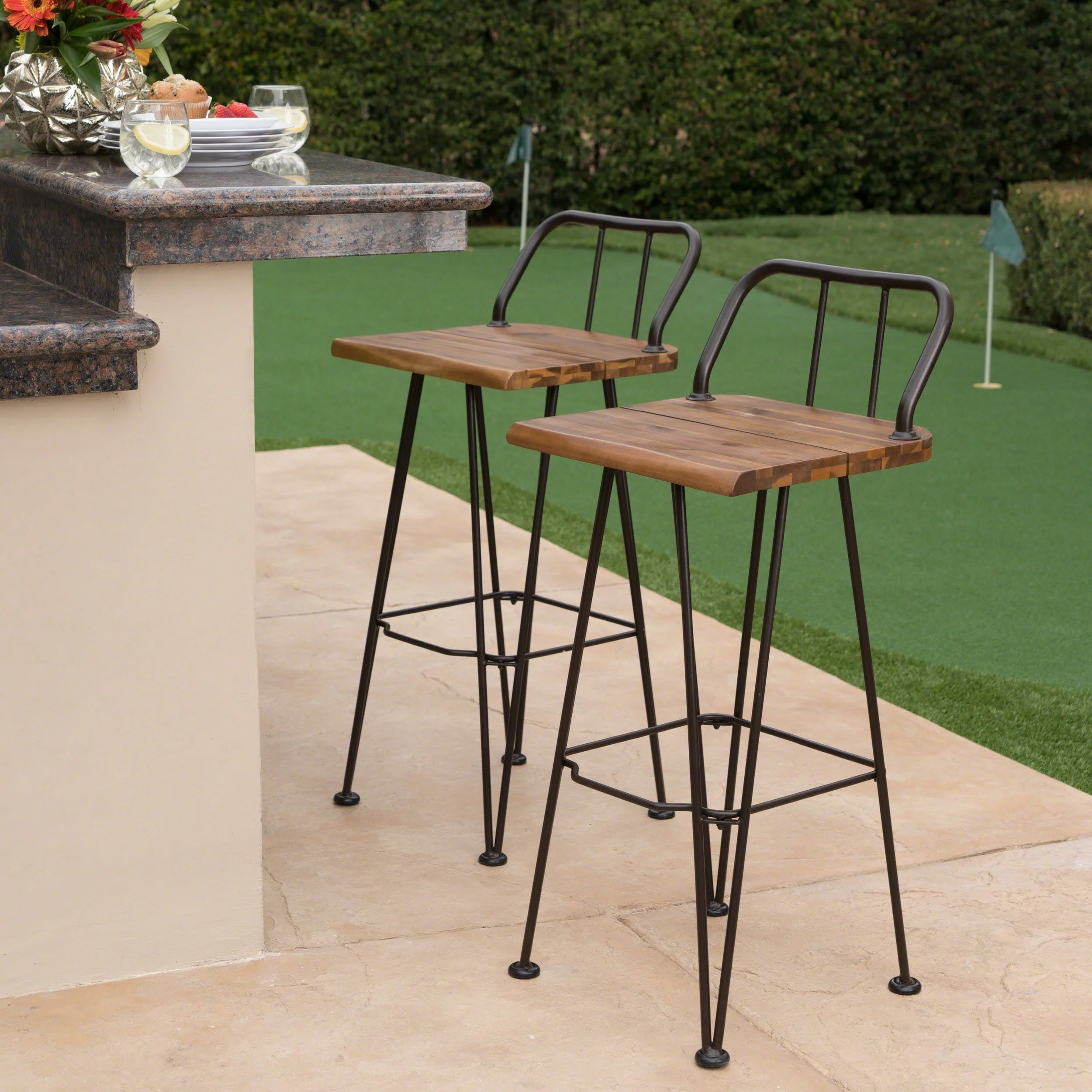 Edward Outdoor Industrial Acacia Wood Barstools with Iron Frame, Set of 2, Teak, Rustic Metal
