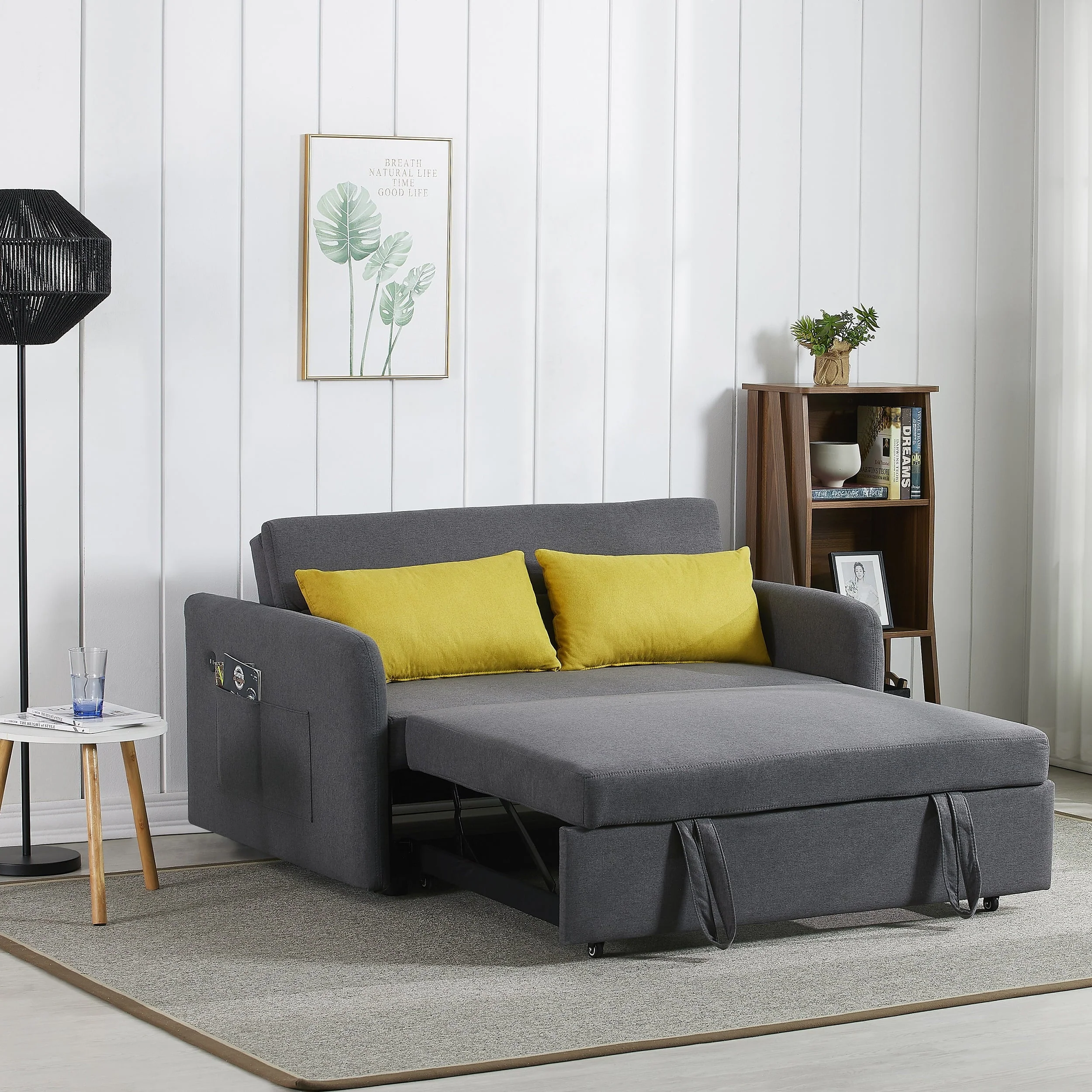 Momspeace Futon Convertible Sofa Bed with Pull Out Sofa Bed 55" Sleeper Sofa Couch with USB Port and 2 Side Pockets Loveseat- Gray