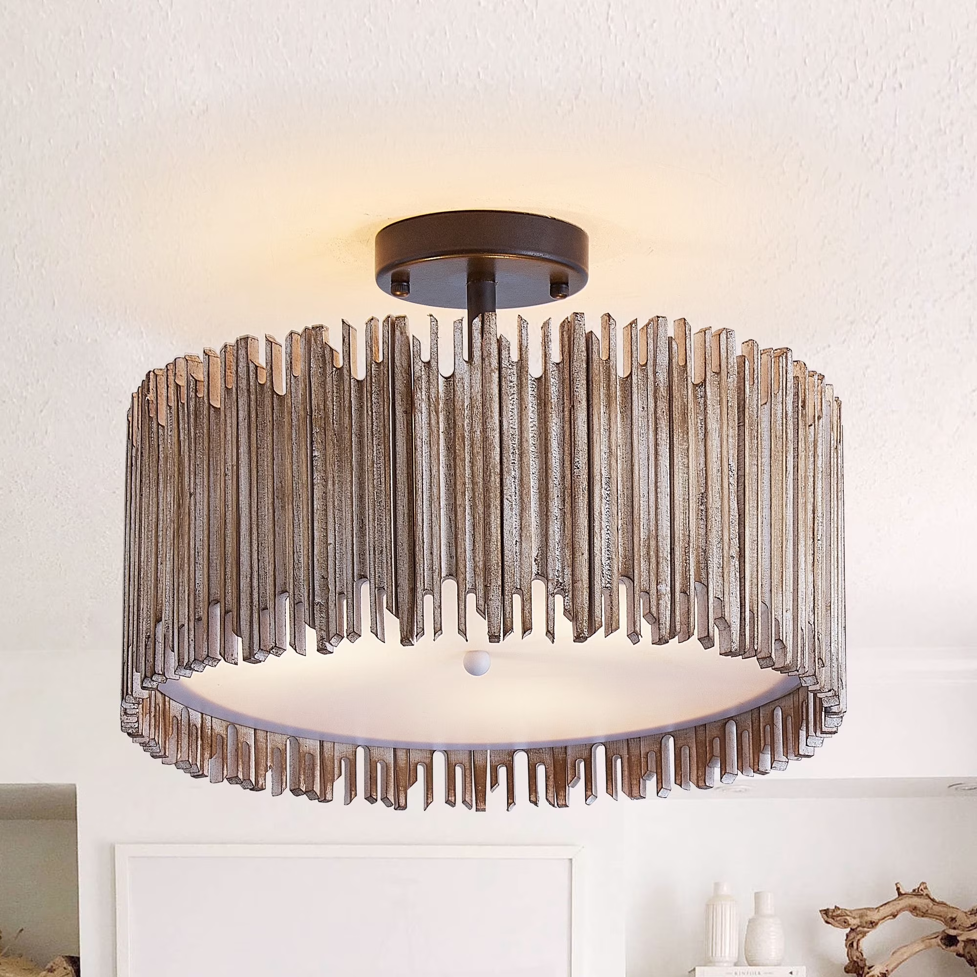 Parrot Uncle 16" Farmhouse Drum Dimmable Semi-Flush Mount Ceiling Light, 3-Light Low-Profile Ceiling Light