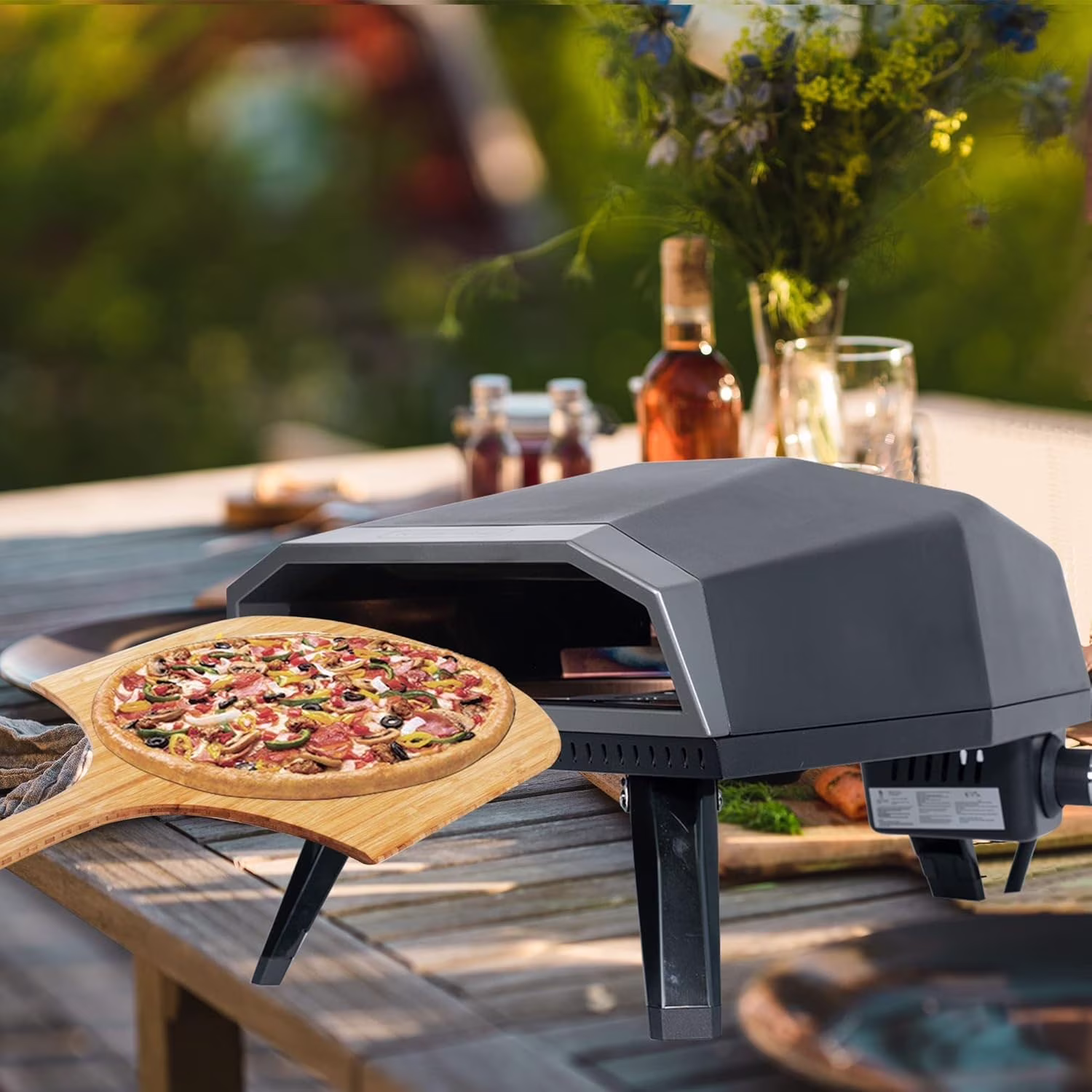Kognita Outdoor Portable Rotating Steel Countertop Natural Gas Pizza Oven for Grill with 12" Pizza Stones