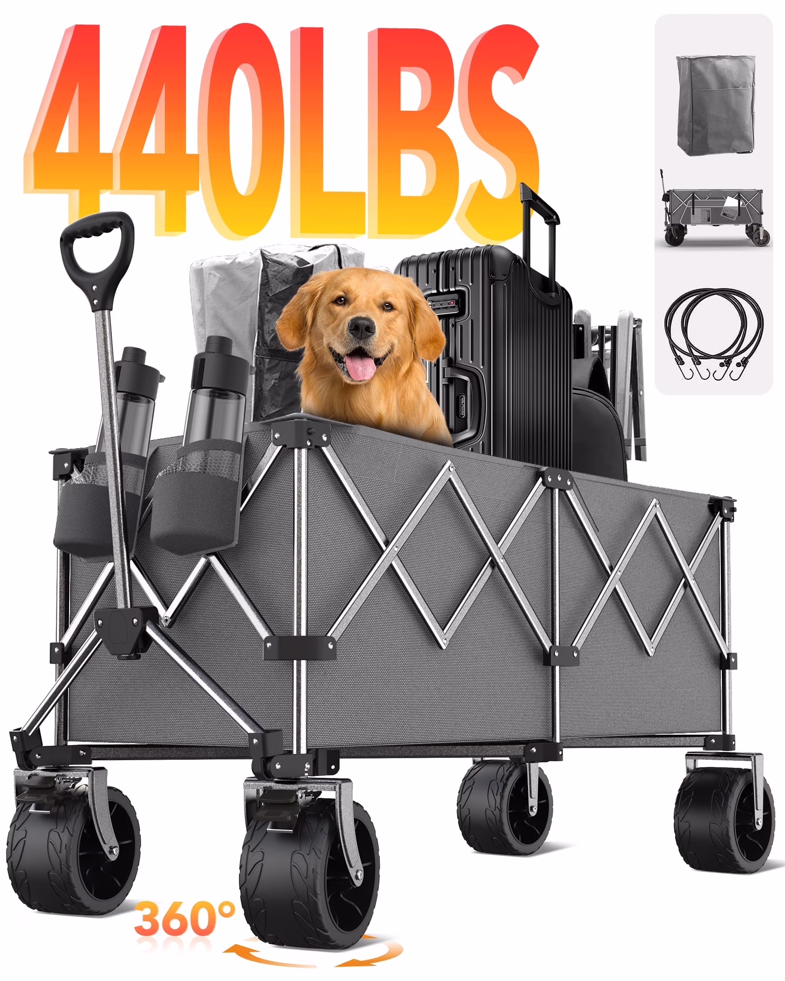 KEESTP Collapsible Wagon, 440LBS Heavy Duty Wagon Carts Foldable with Side Pocket and Brakes, 66 Gallon Large Capacity Foldable Wagon-gray