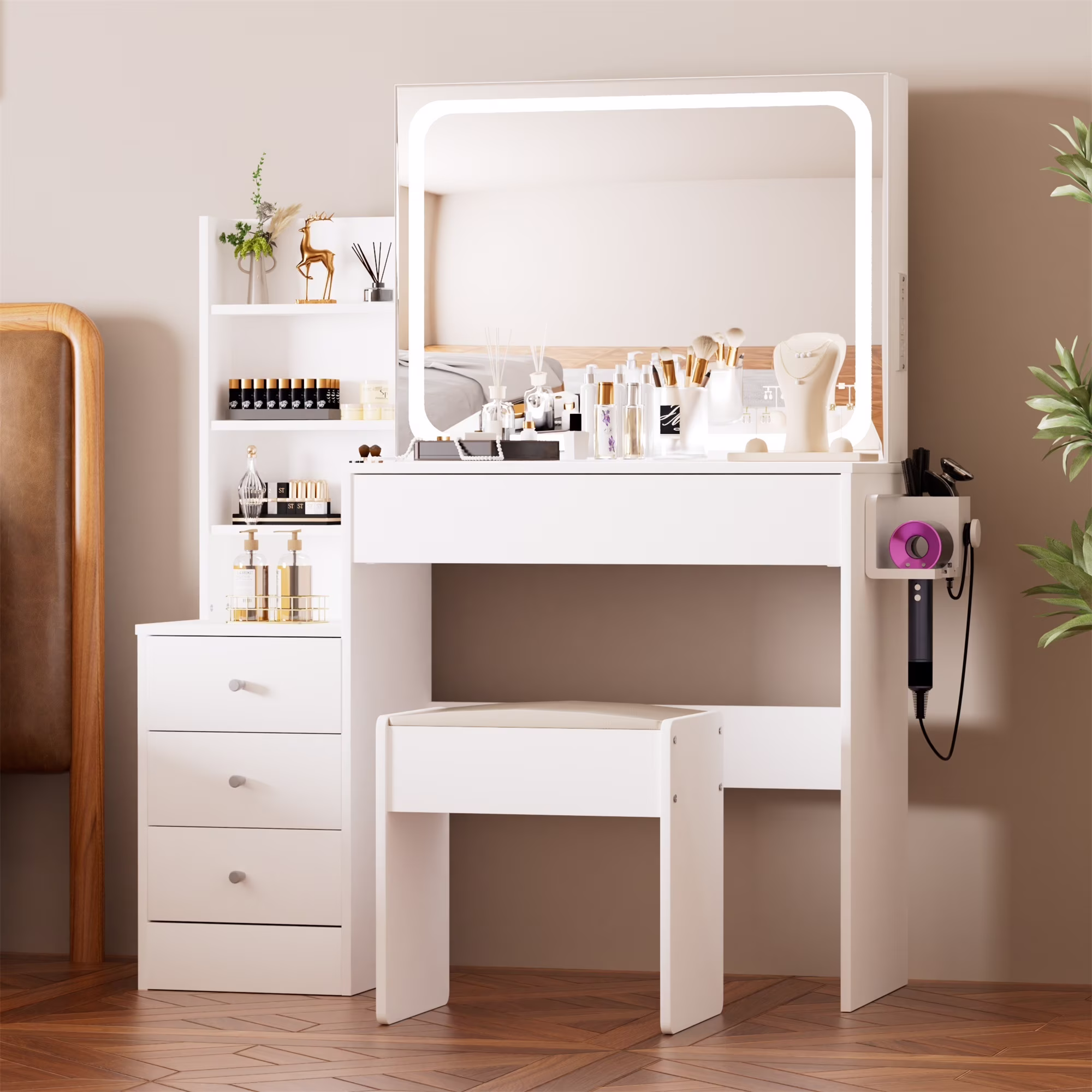 Alvantor Makeup Vanity Desk with Mirror & Lights, Dressing Table with Power Outlet and Hairdryer Shelving Vanity Set with Upholstered Stool White