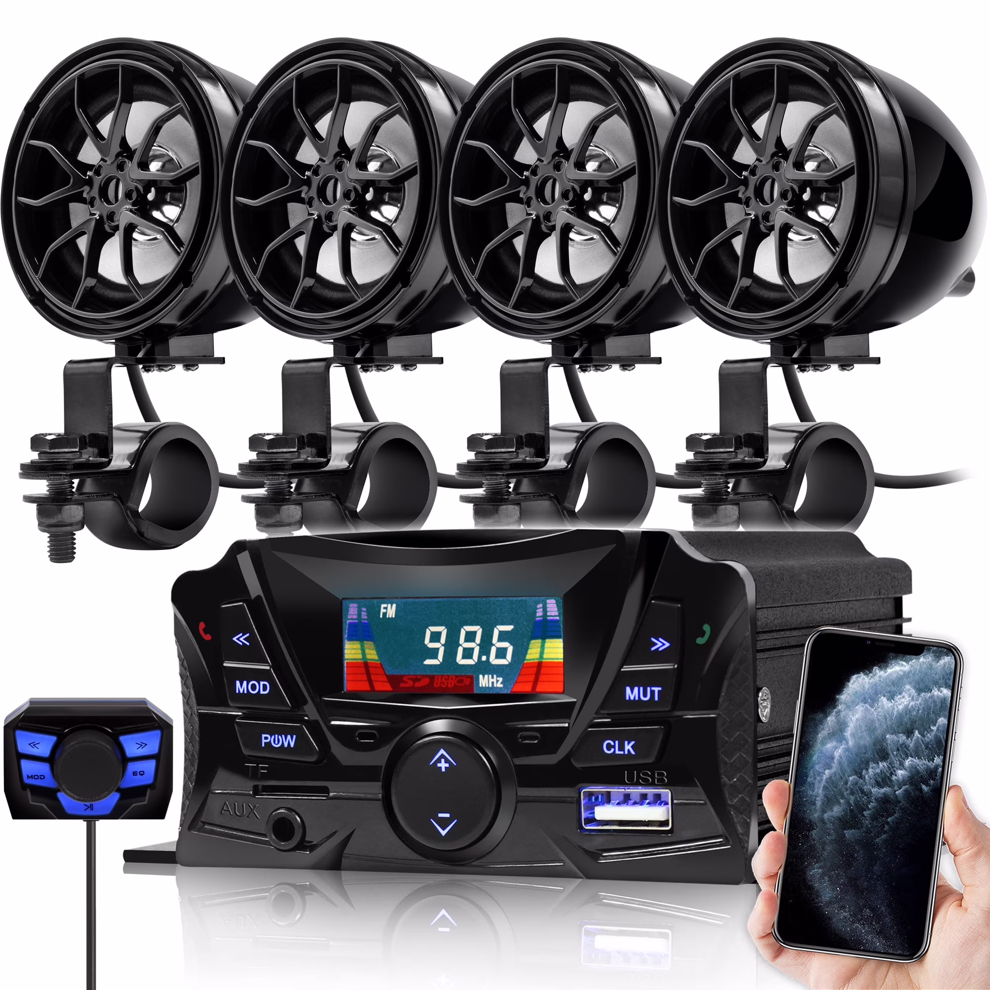 GoHawk TS3-Q Motorcycle Bluetooth 4 Speakers Handlebar Mount MP3 Music Player Sound Audio Stereo Amplifier System ATV USB Micro SD FM Radio