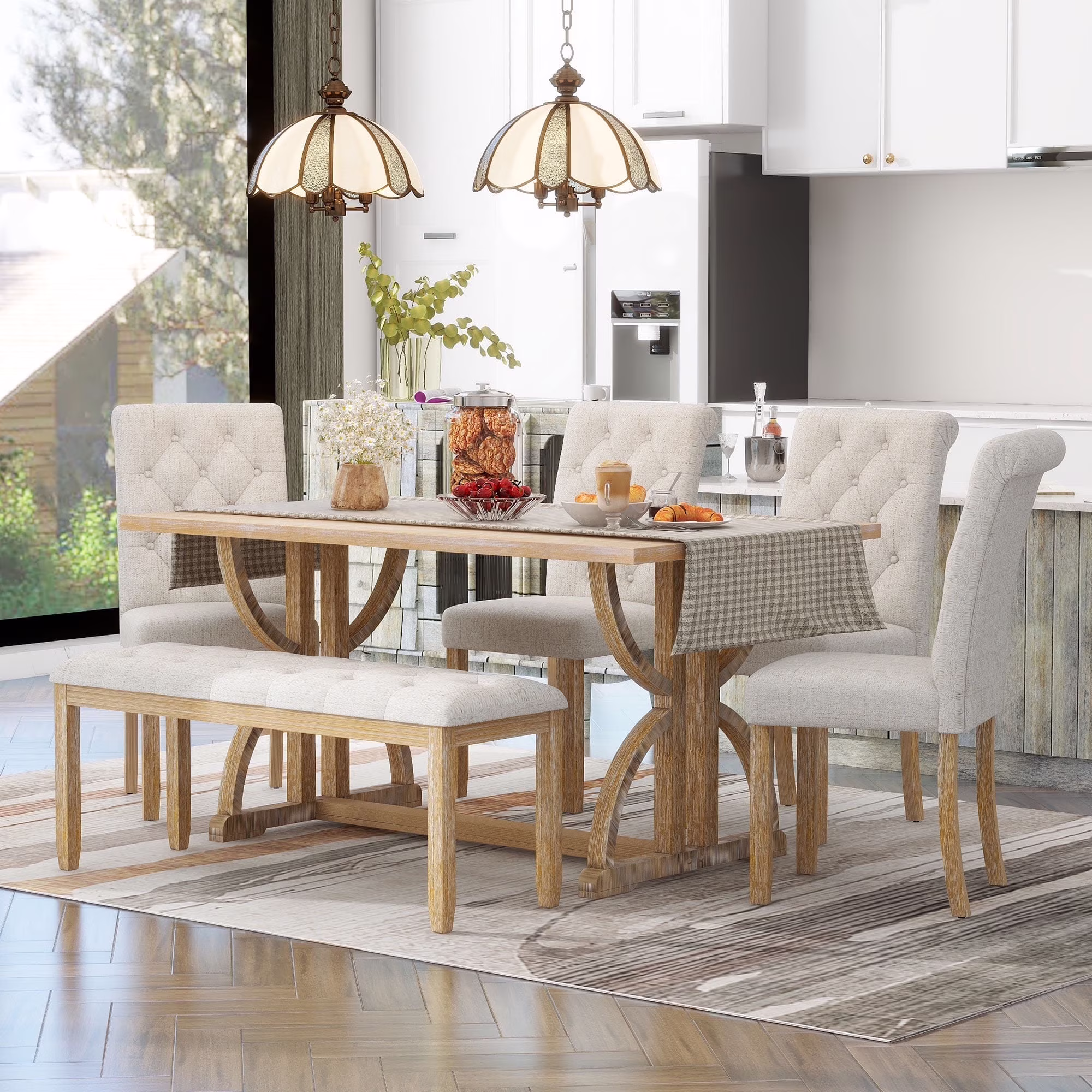 Besthome 6-Piece Retro Rectangular Dining Table Set, Table with Unique Legs and 4 Upholstered Chairs & 1 Bench for Dining Room and Kitchen (Natural Wood Wash)