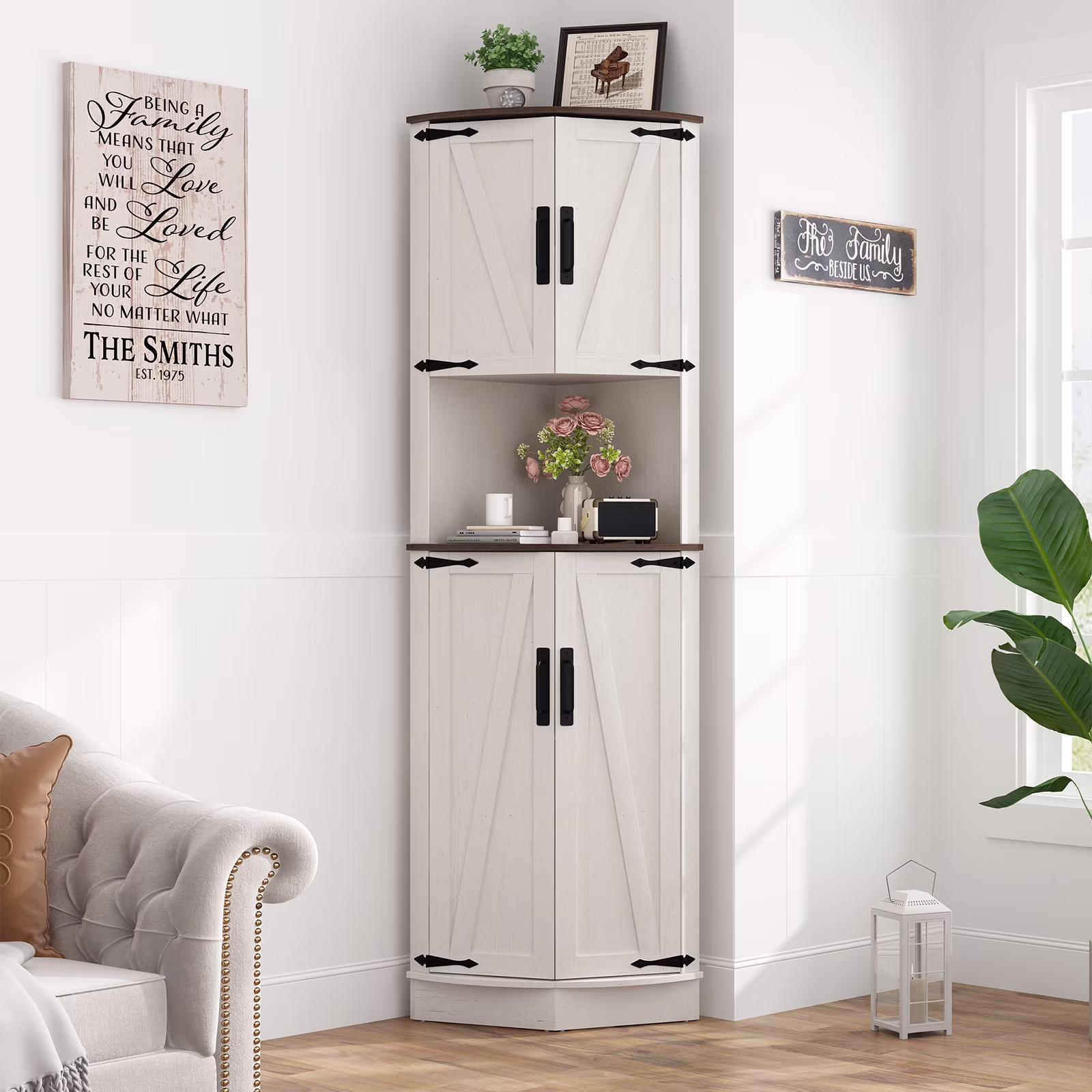 ChVans Farmhouse 68" Tall Corner Cabinet w/4 Barn Doors, 5 Tier Bookcase Storage Cabinet with Adjustable Shelves, Corner Storage Cabinet for Bathroom,Living Room,Kitchen, Brown
