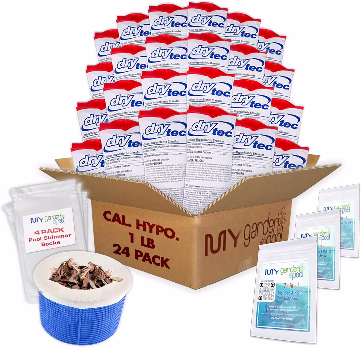 Drytec Calcium Hypochlorite Pool Shock 1 lb. 68% Bag, 24 Pack, Complete Pool Care Kit with My Garden Pool Skimmer Sock and 7-in-1 Test Strips, 60 ct. Powerful Chlorine Shock for Clear Swimming Water