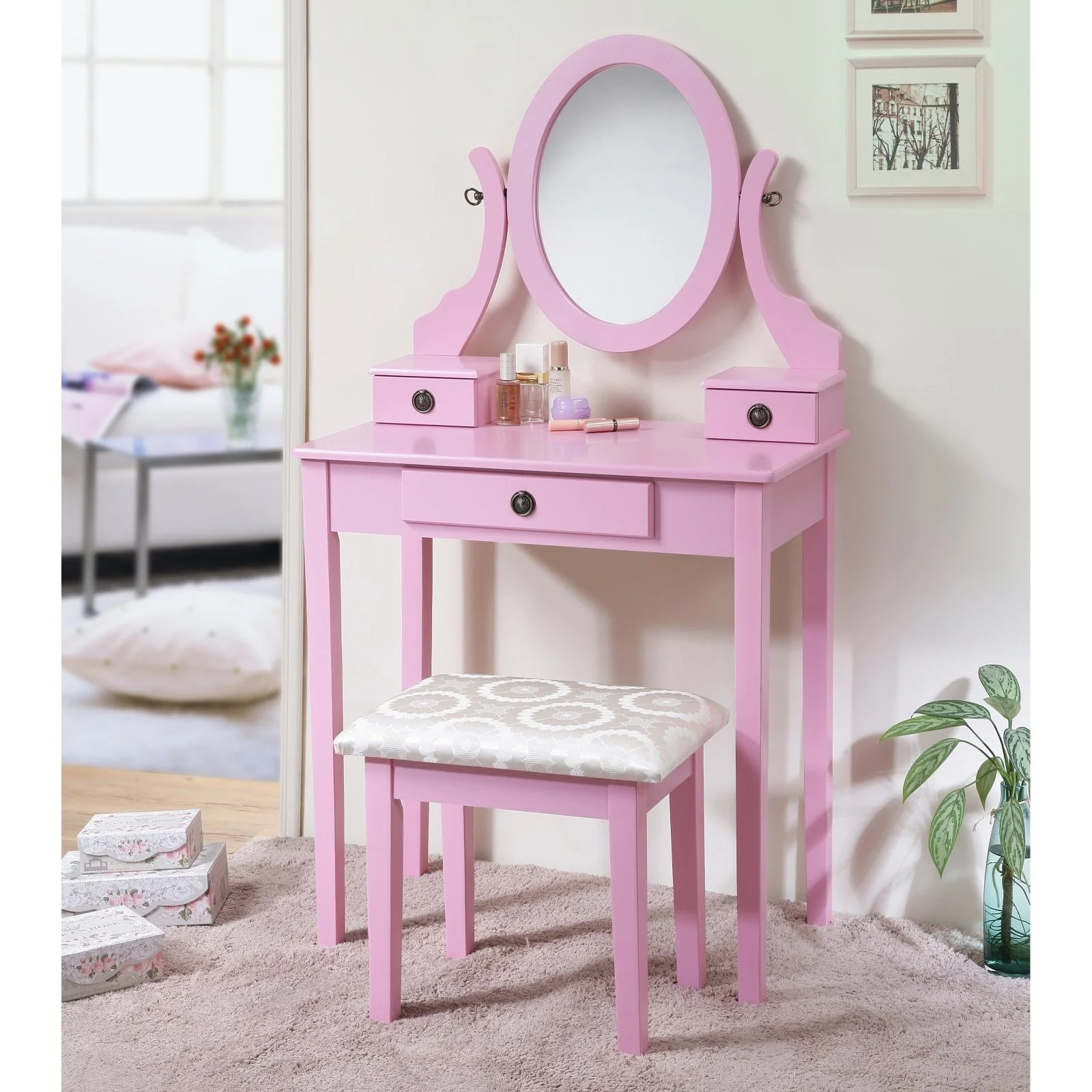 Roundhill Furniture Moniya Wood Vanity Table and Stool Set, Pink