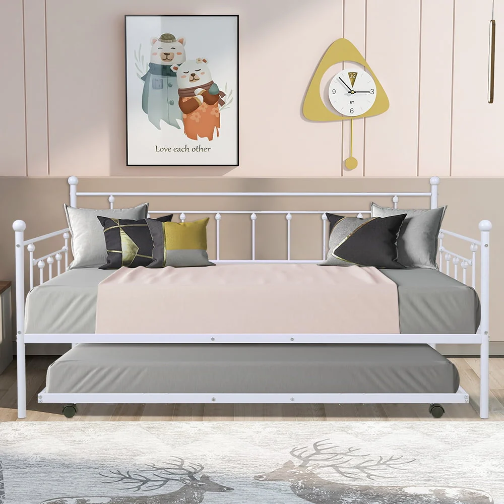 BTMWAY Twin Daybed with Trundle Included, Metal Daybed Frame with Pull Out Trundle Bed, No Box Spring Needed, Twin Size Daybed Sofa Bed for Kid's Room Bedroom, Each Bed Holds 400lb, White